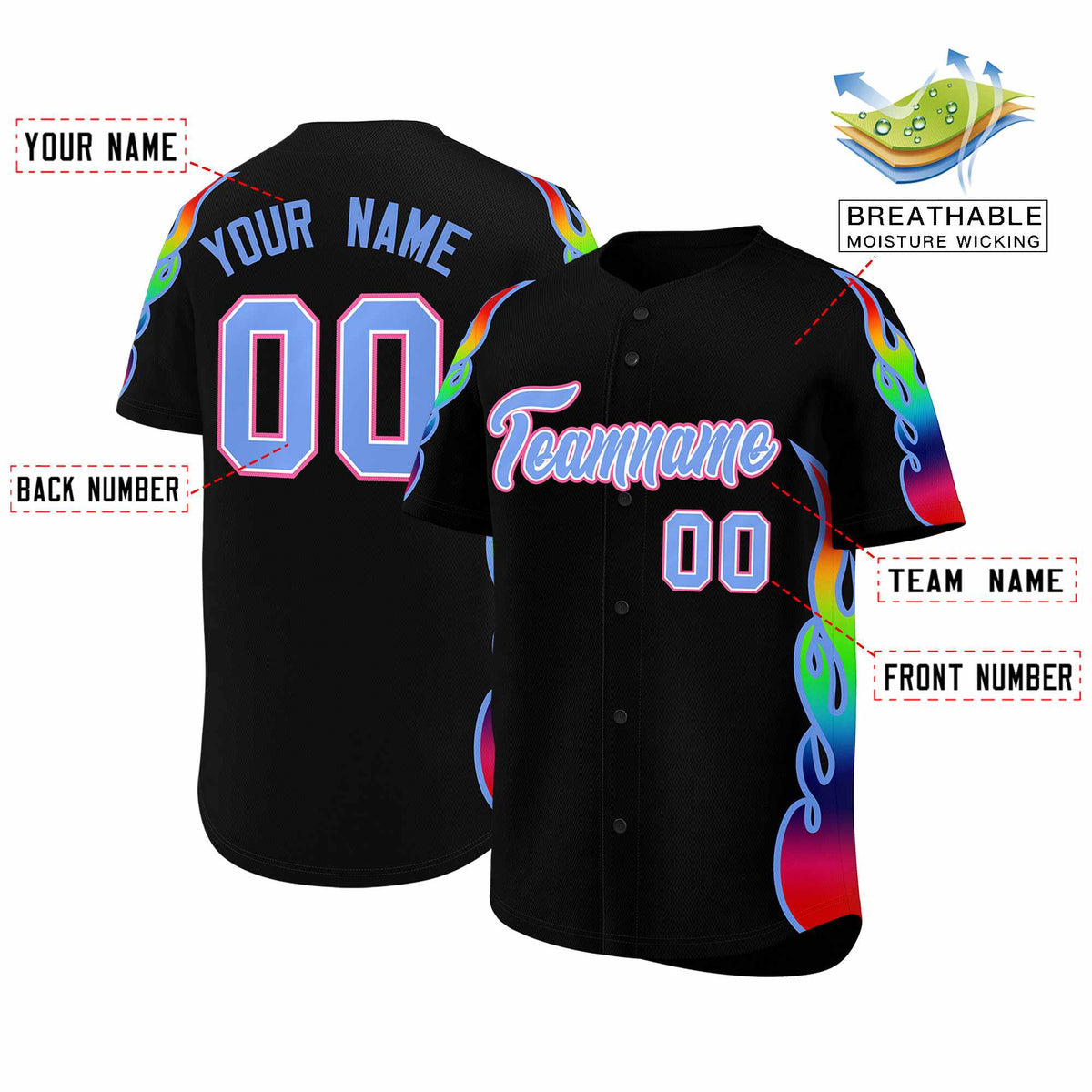 Custom Black Graffiti Pattern Personalized Multicolored Flames Print Authentic Baseball Jersey| KXKSHOP