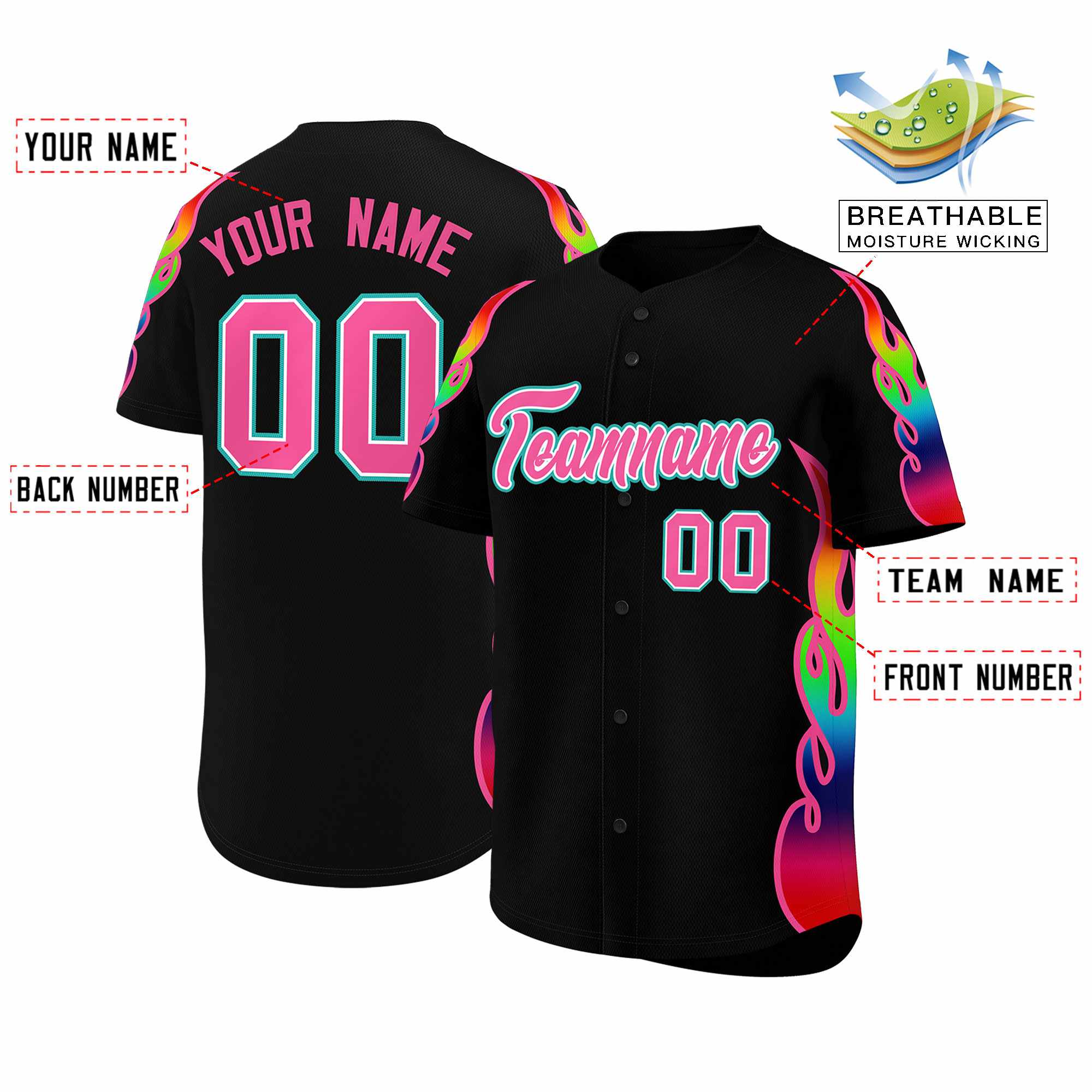 Custom Black Graffiti Pattern Personalized Multicolored Flames Print Authentic Baseball Jersey| KXKSHOP