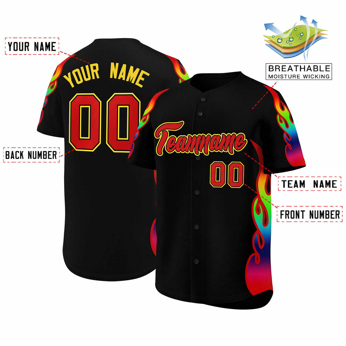 Custom Black Graffiti Pattern Personalized Multicolored Flames Print Authentic Baseball Jersey| KXKSHOP