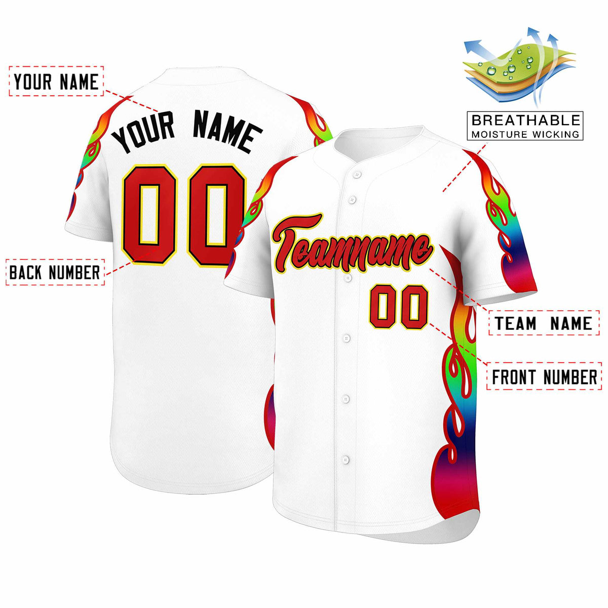 Custom White Graffiti Pattern Personalized Multicolored Flames Print Authentic Baseball Jersey| KXKSHOP