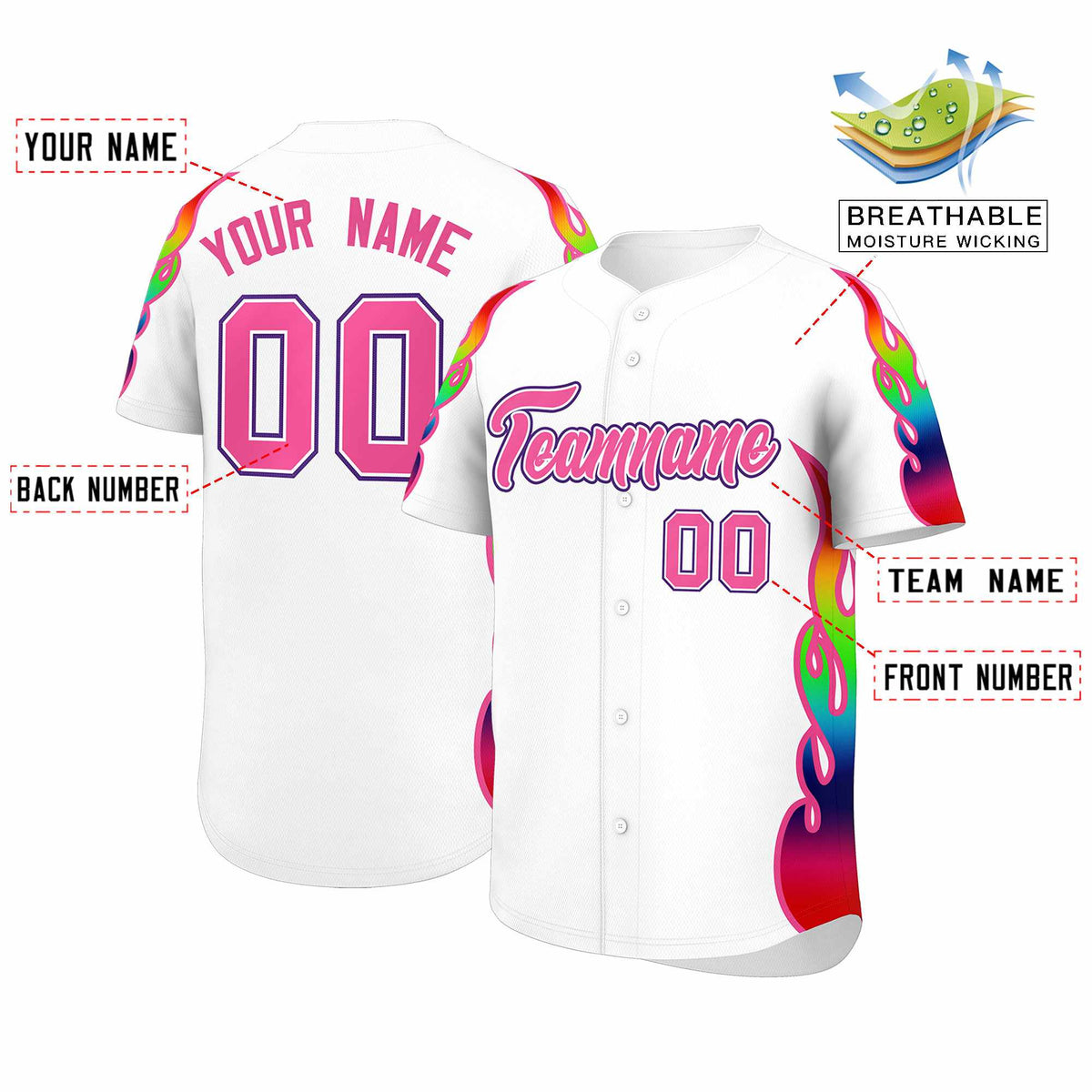 Custom White Graffiti Pattern Personalized Multicolored Flames Print Authentic Baseball Jersey| KXKSHOP