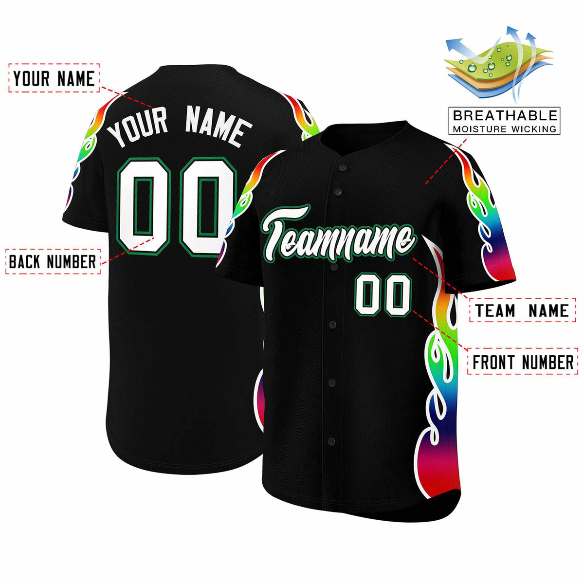 Custom Black Graffiti Pattern Personalized Multicolored Flames Print Authentic Baseball Jersey| KXKSHOP