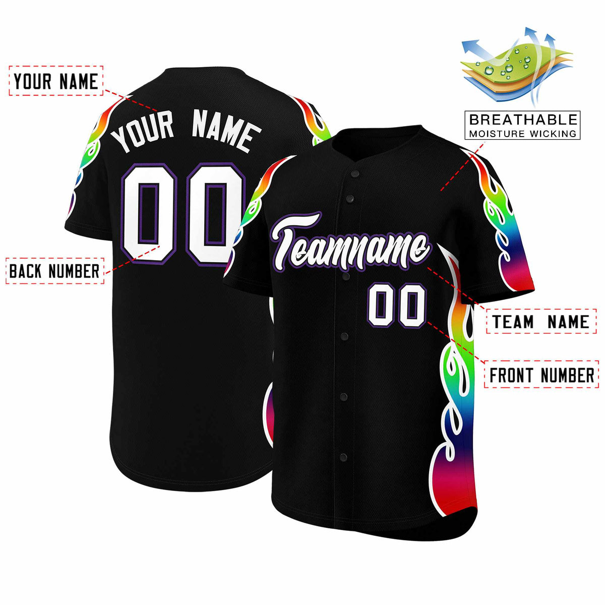 Custom Black Graffiti Pattern Personalized Multicolored Flames Print Authentic Baseball Jersey| KXKSHOP