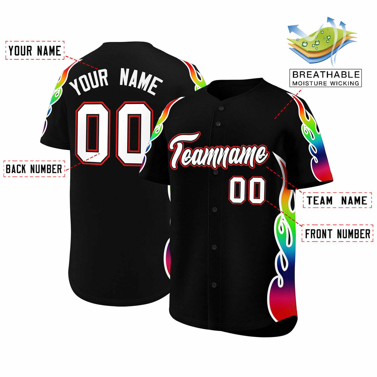 Custom Black Graffiti Pattern Personalized Multicolored Flames Print Authentic Baseball Jersey| KXKSHOP