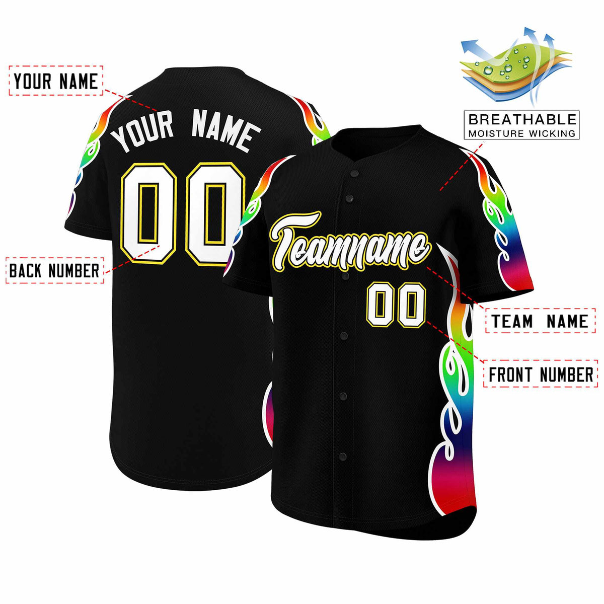 Custom Black Graffiti Pattern Personalized Multicolored Flames Print Authentic Baseball Jersey| KXKSHOP
