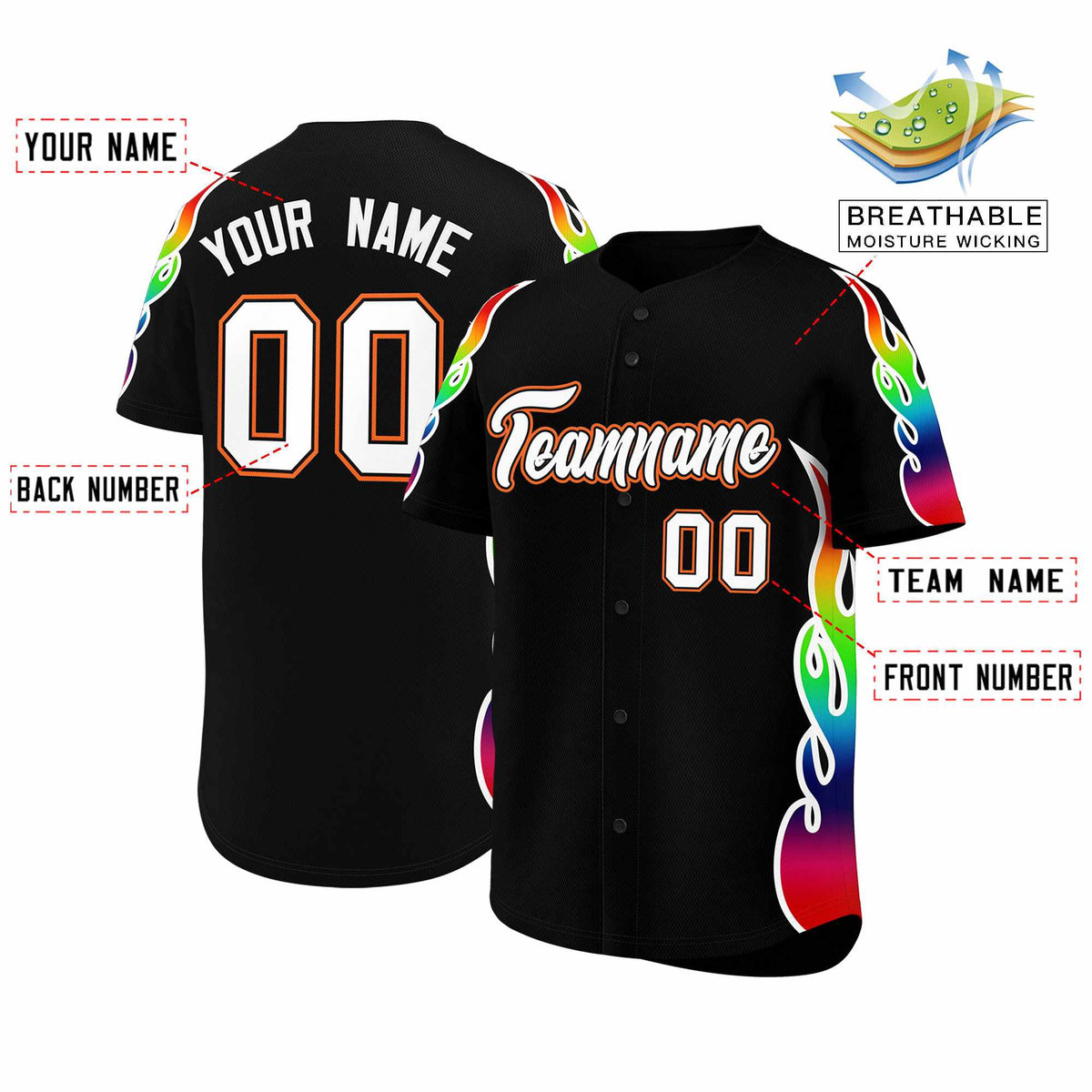 Custom Black Graffiti Pattern Personalized Multicolored Flames Print Authentic Baseball Jersey| KXKSHOP