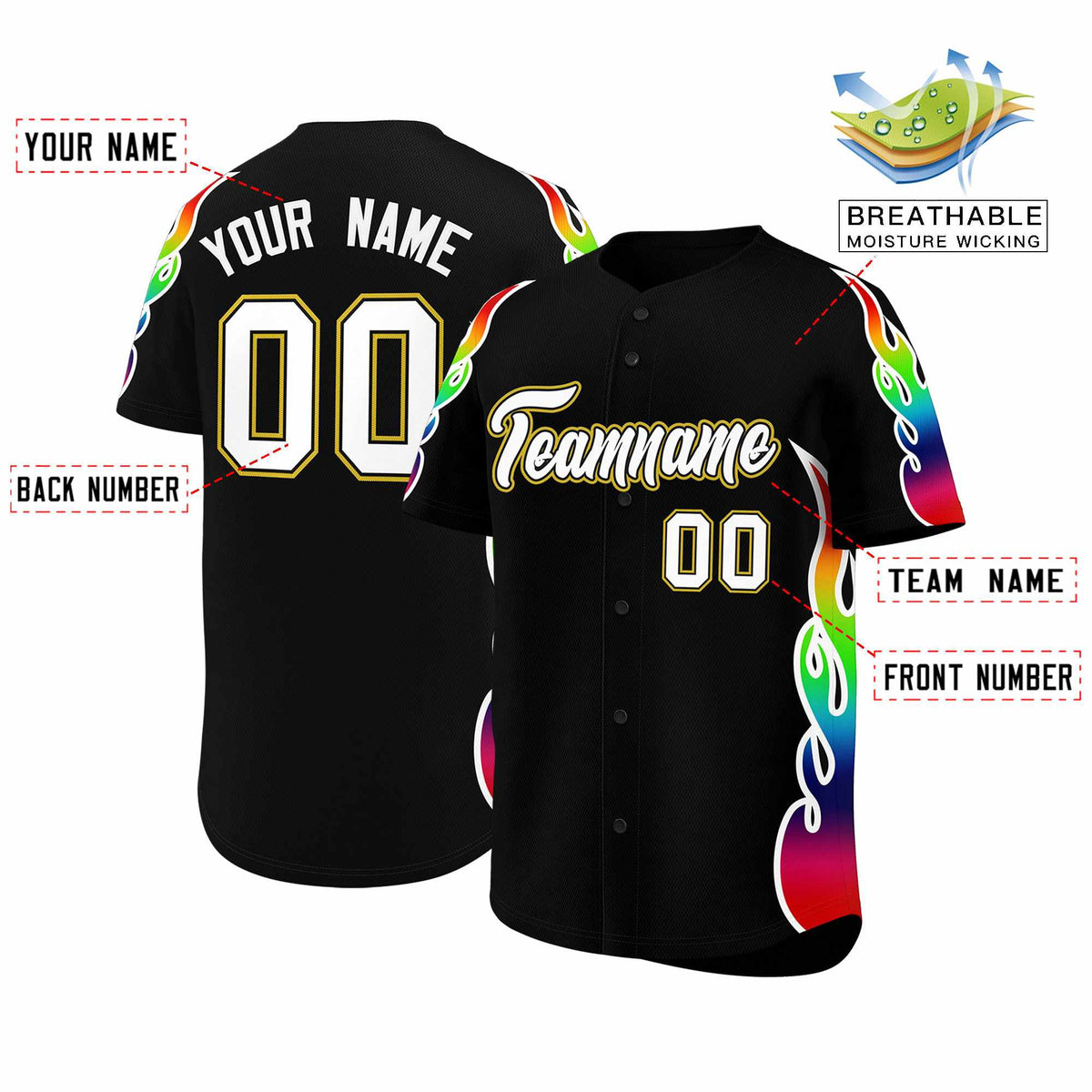 Custom Black Graffiti Pattern Personalized Multicolored Flames Print Authentic Baseball Jersey| KXKSHOP