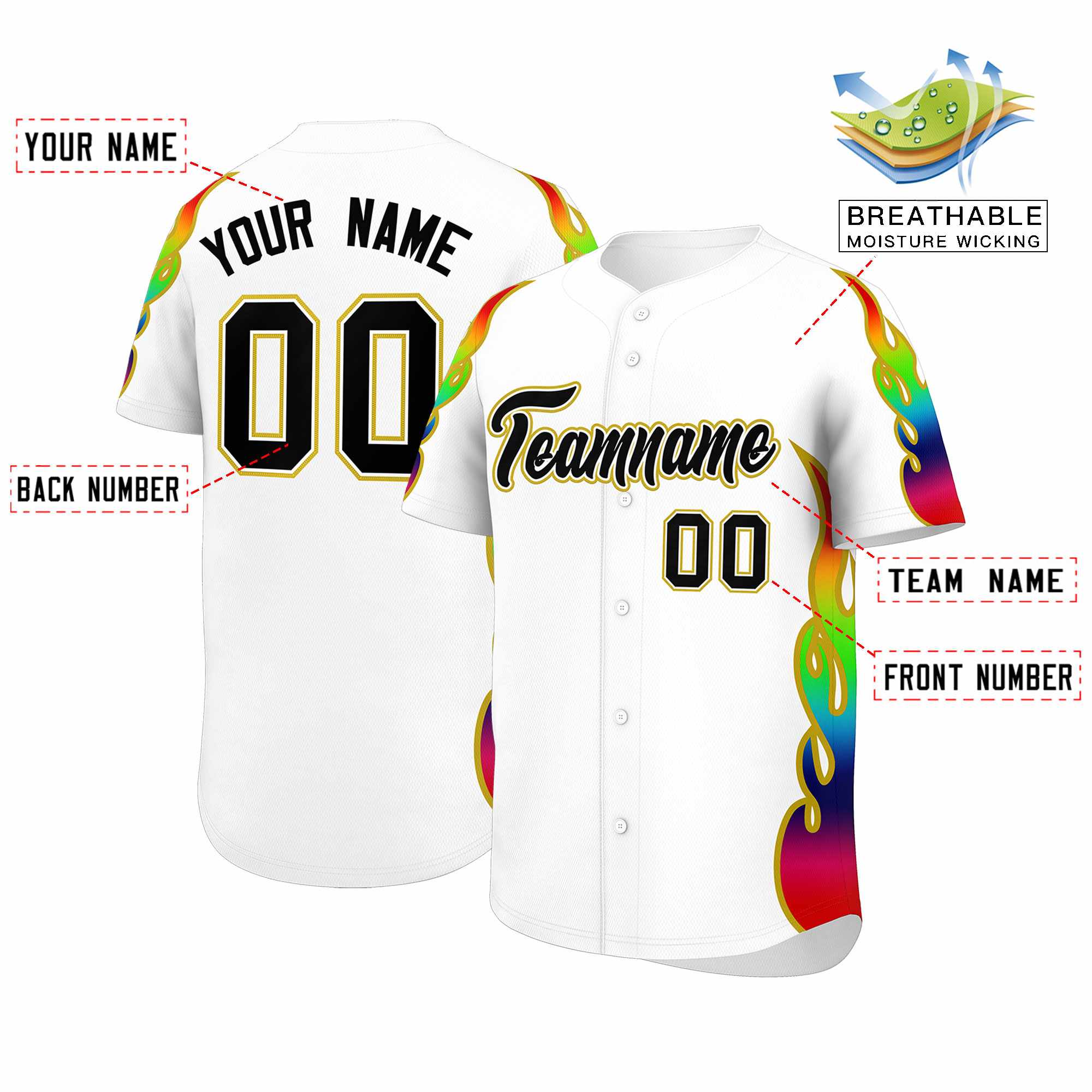 Custom White Graffiti Pattern Personalized Multicolored Flames Print Authentic Baseball Jersey| KXKSHOP