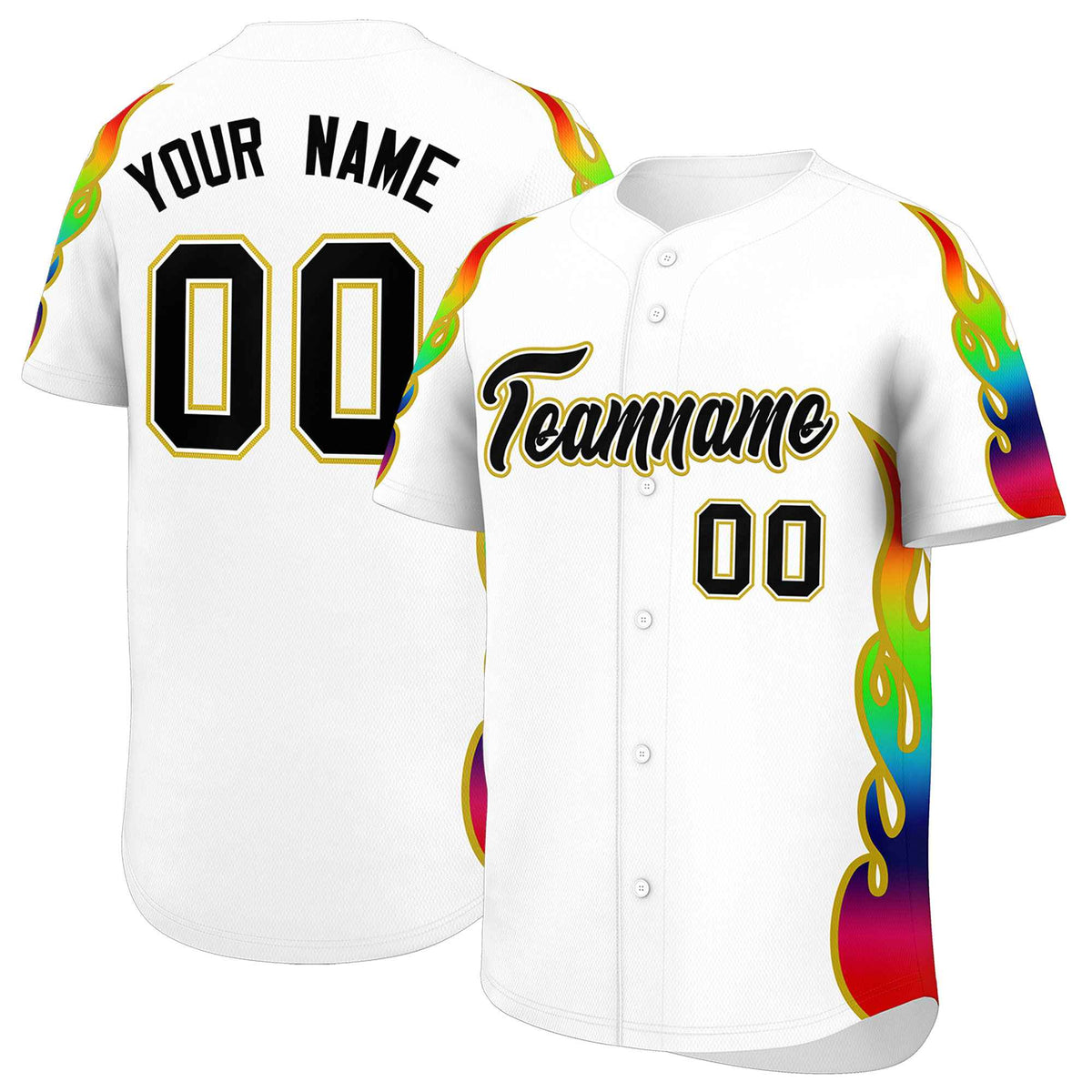 Custom White Graffiti Pattern Personalized Multicolored Flames Print Authentic Baseball Jersey| KXKSHOP