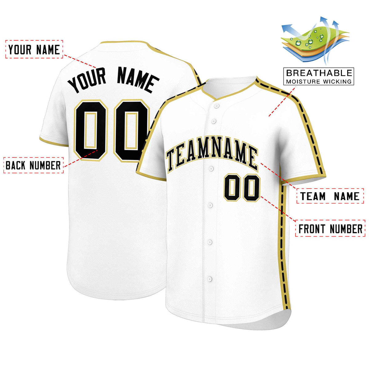 Custom White Old Gold Color Block Personalized Side Dotted Line Authentic Baseball Jersey| KXKSHOP