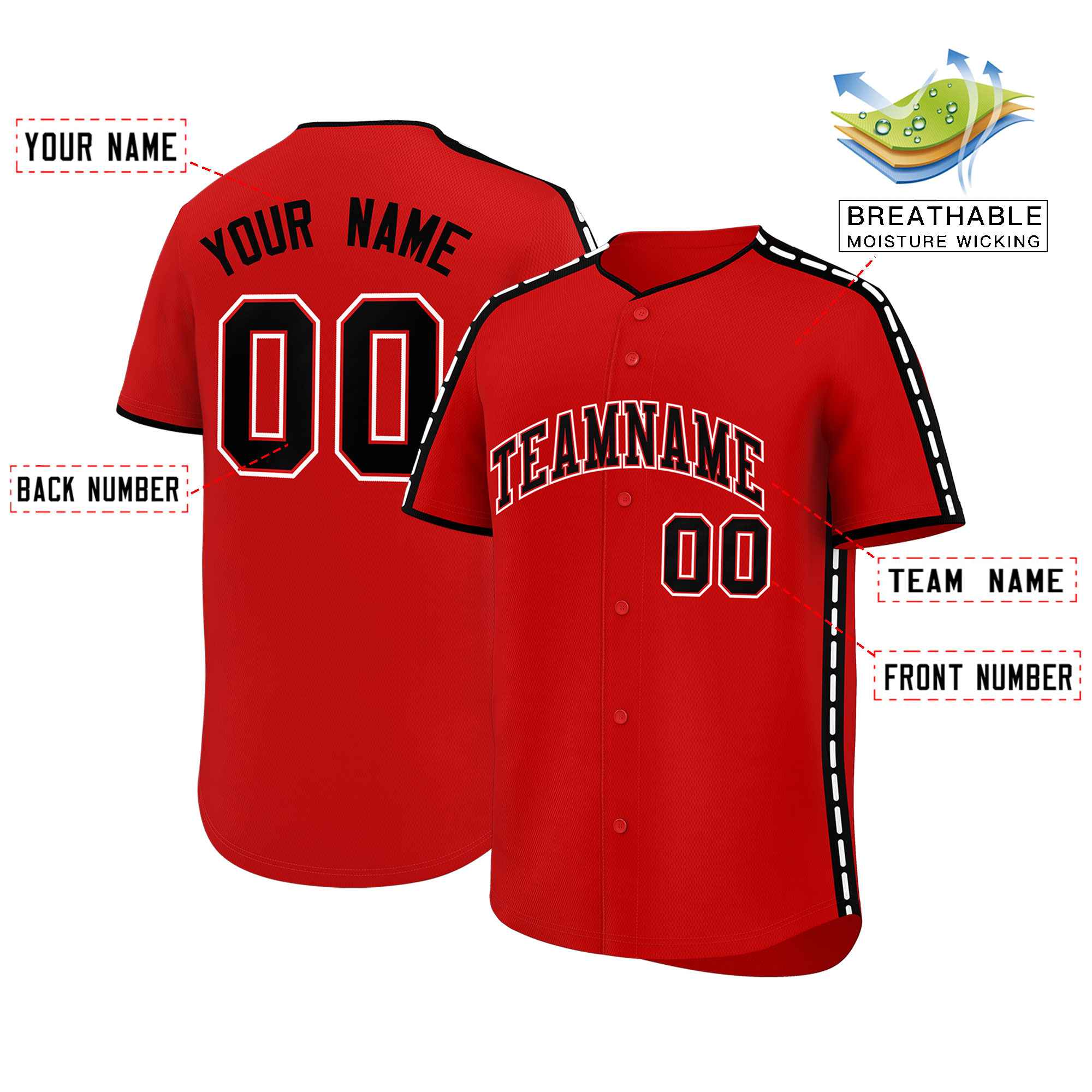 Custom Red Black Color Block Personalized Side Dotted Line Authentic Baseball Jersey| KXKSHOP