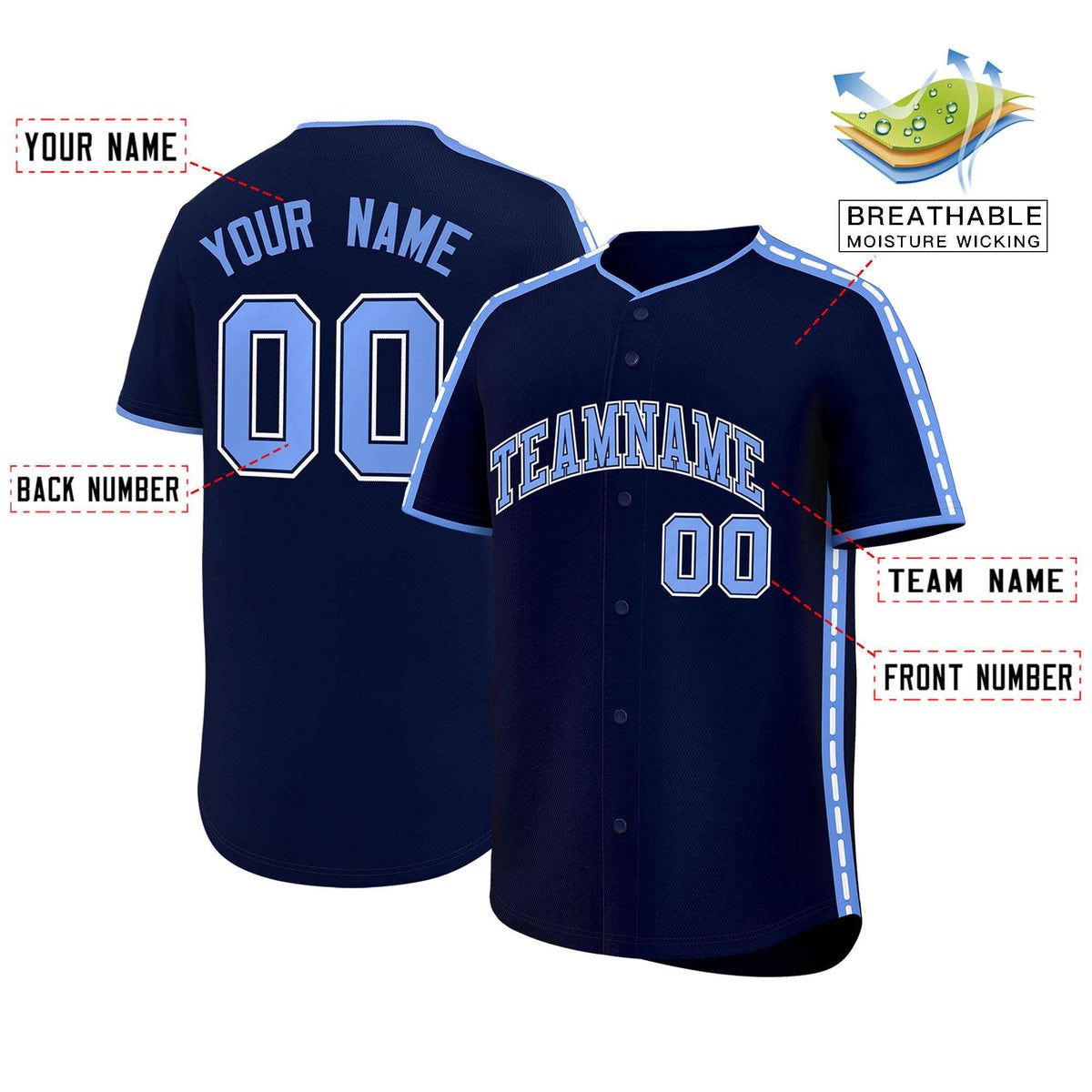 Custom Navy Light Blue Color Block Personalized Side Dotted Line Authentic Baseball Jersey| KXKSHOP