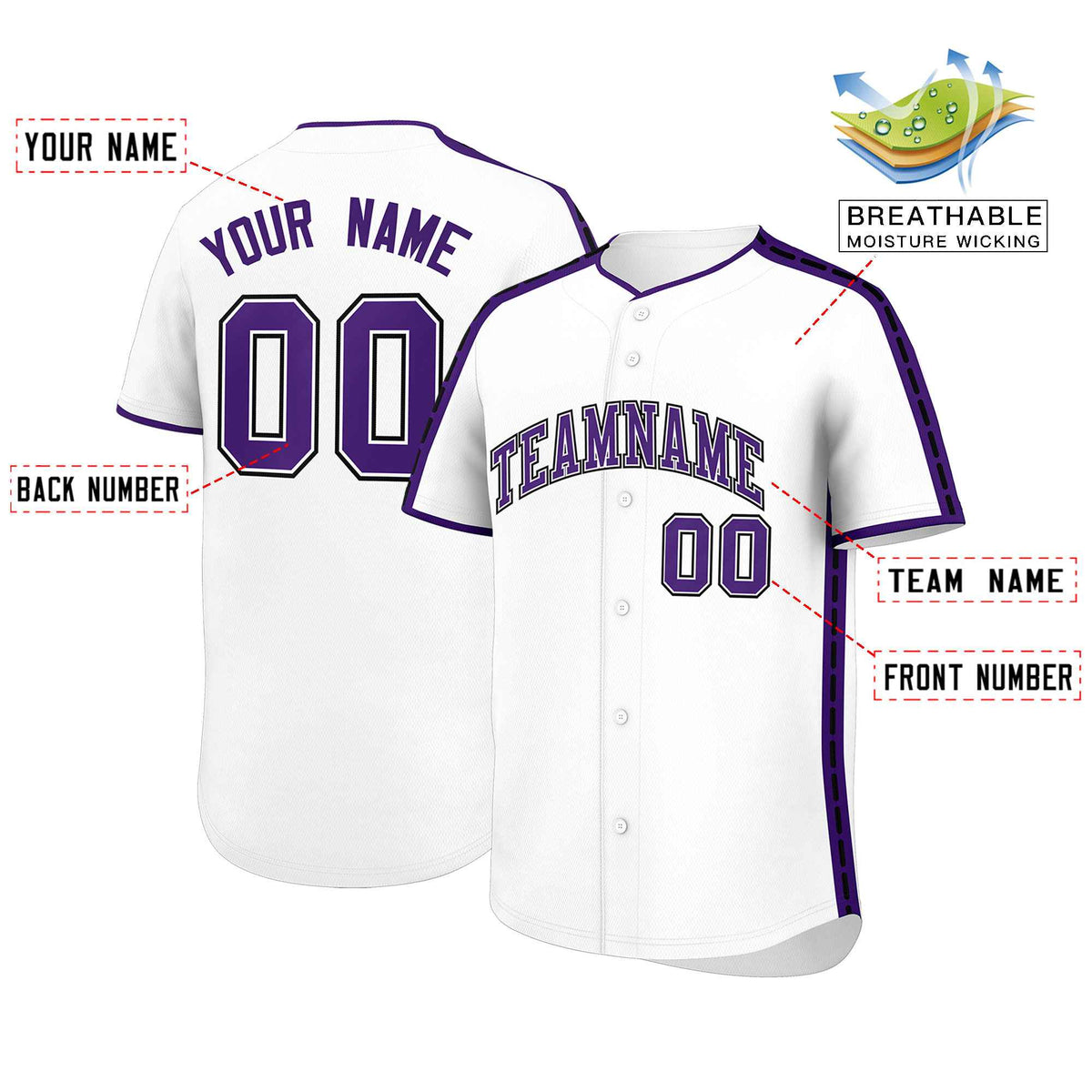 Custom White Purple Color Block Personalized Side Dotted Line Authentic Baseball Jersey| KXKSHOP