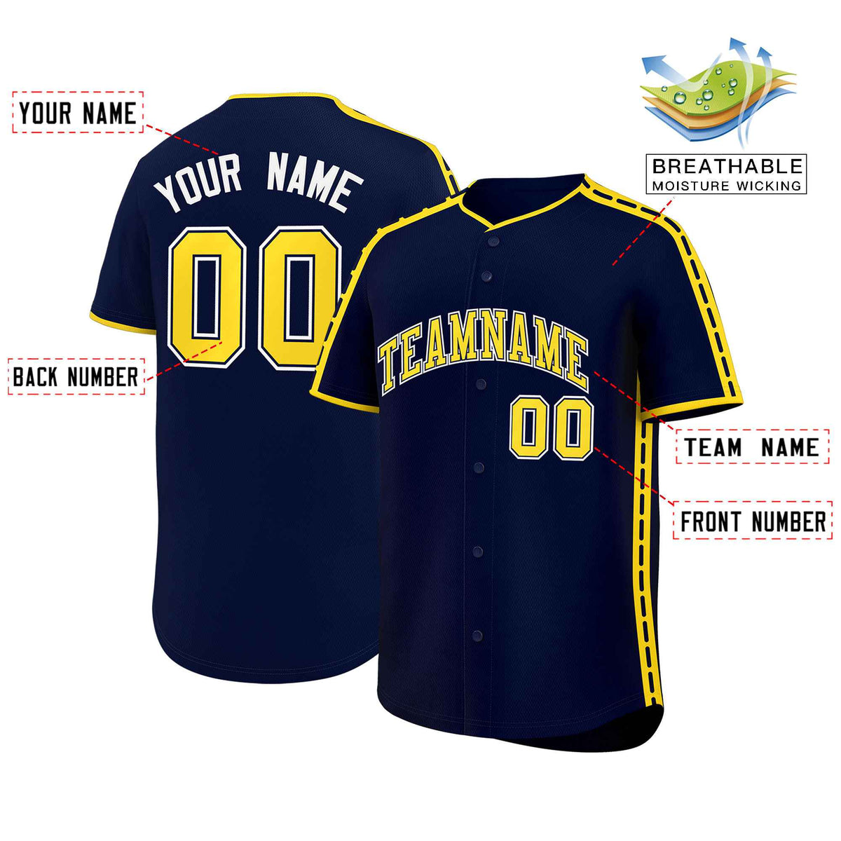 Custom Navy Gold Color Block Personalized Side Dotted Line Authentic Baseball Jersey| KXKSHOP
