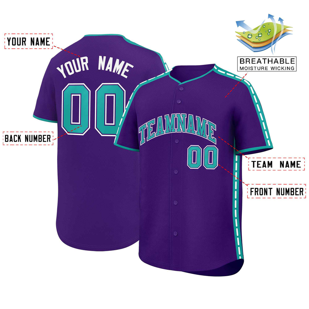 Custom Purple Aqua Color Block Personalized Side Dotted Line Authentic Baseball Jersey| KXKSHOP