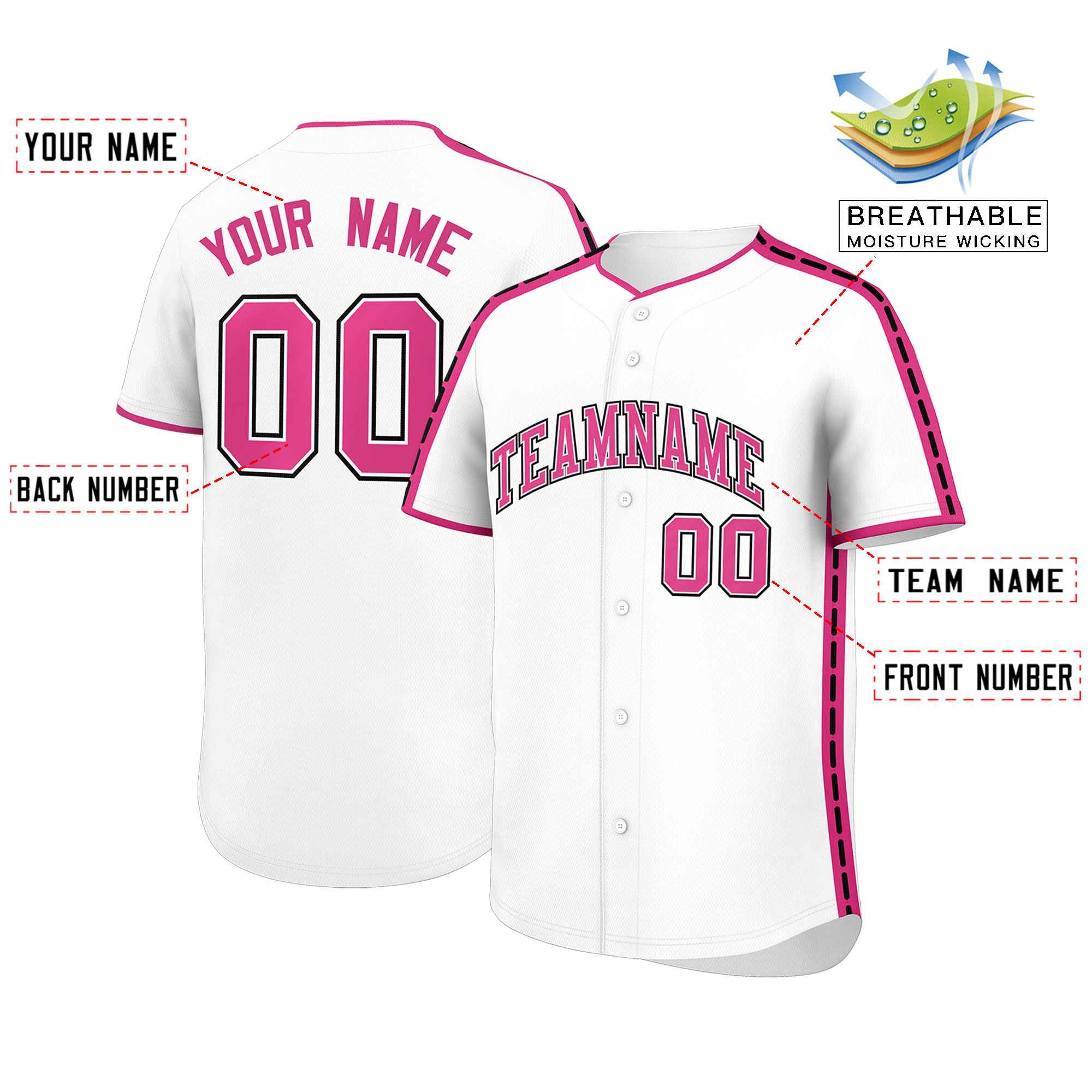 Custom White Pink Color Block Personalized Side Dotted Line Authentic Baseball Jersey| KXKSHOP