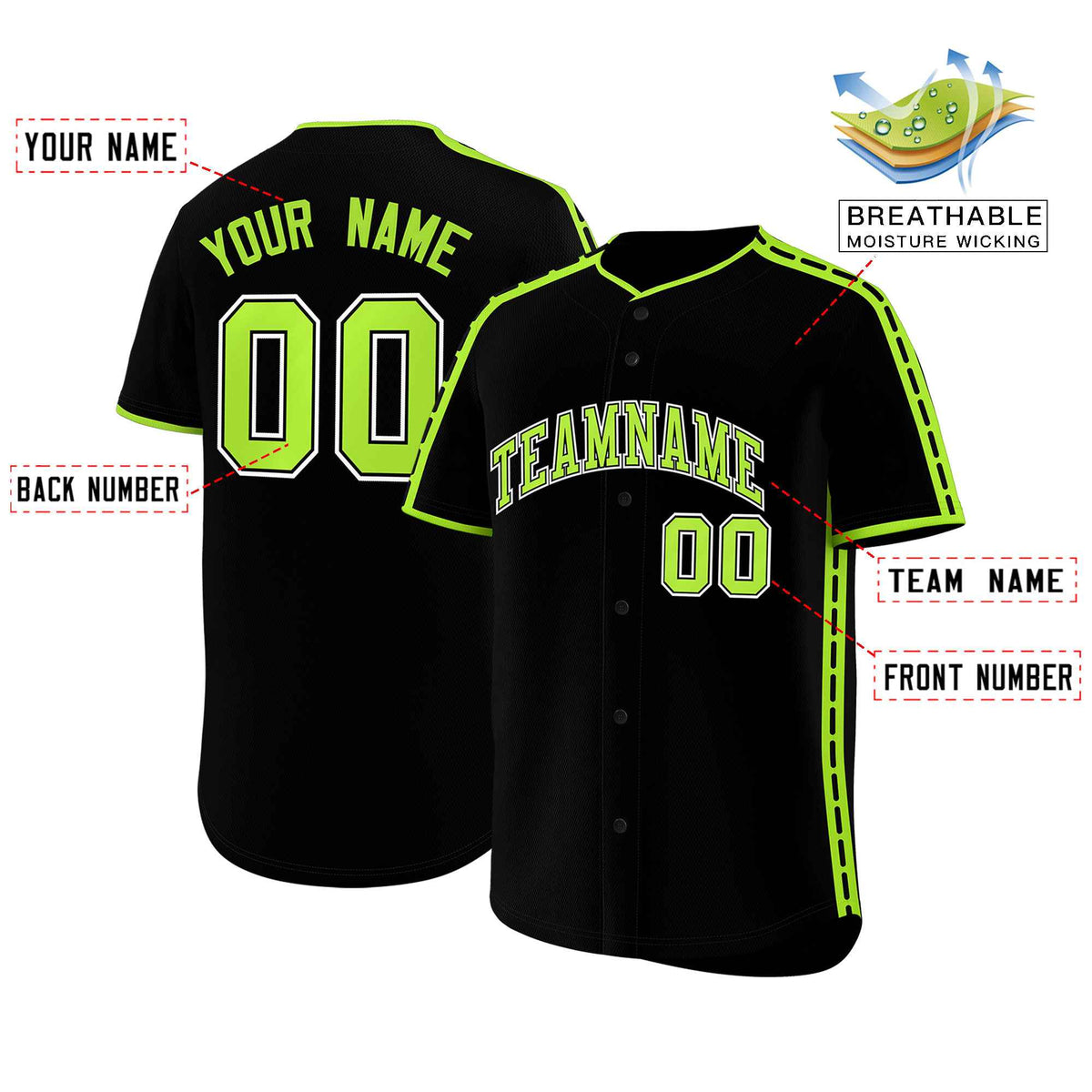 Custom Black Light Green Color Block Personalized Side Dotted Line Authentic Baseball Jersey| KXKSHOP