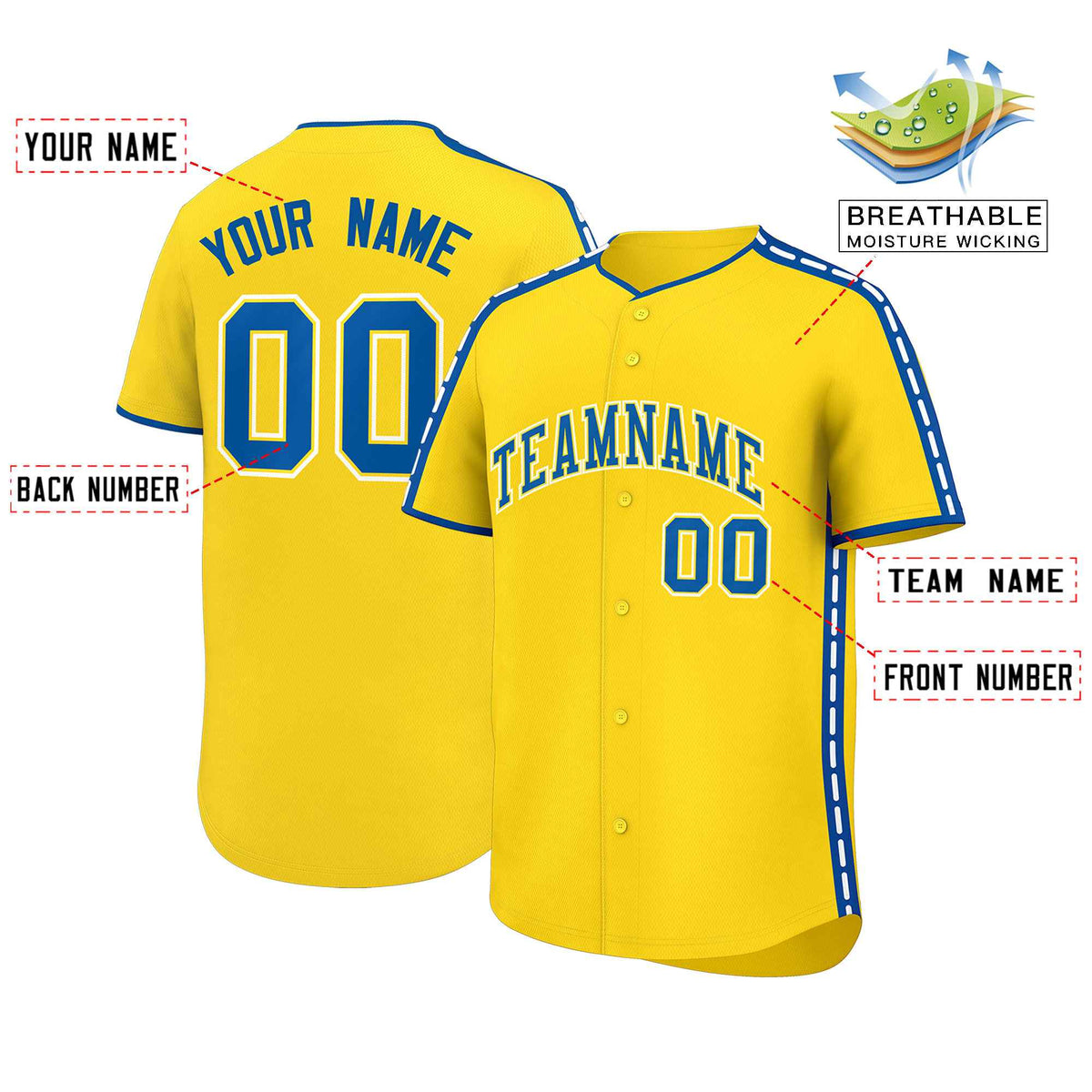 Custom Gold Royal Color Block Personalized Side Dotted Line Authentic Baseball Jersey| KXKSHOP