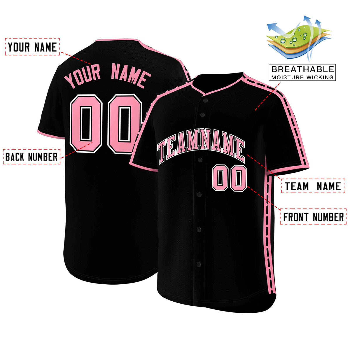 Custom Black Light Pink Color Block Personalized Side Dotted Line Authentic Baseball Jersey| KXKSHOP