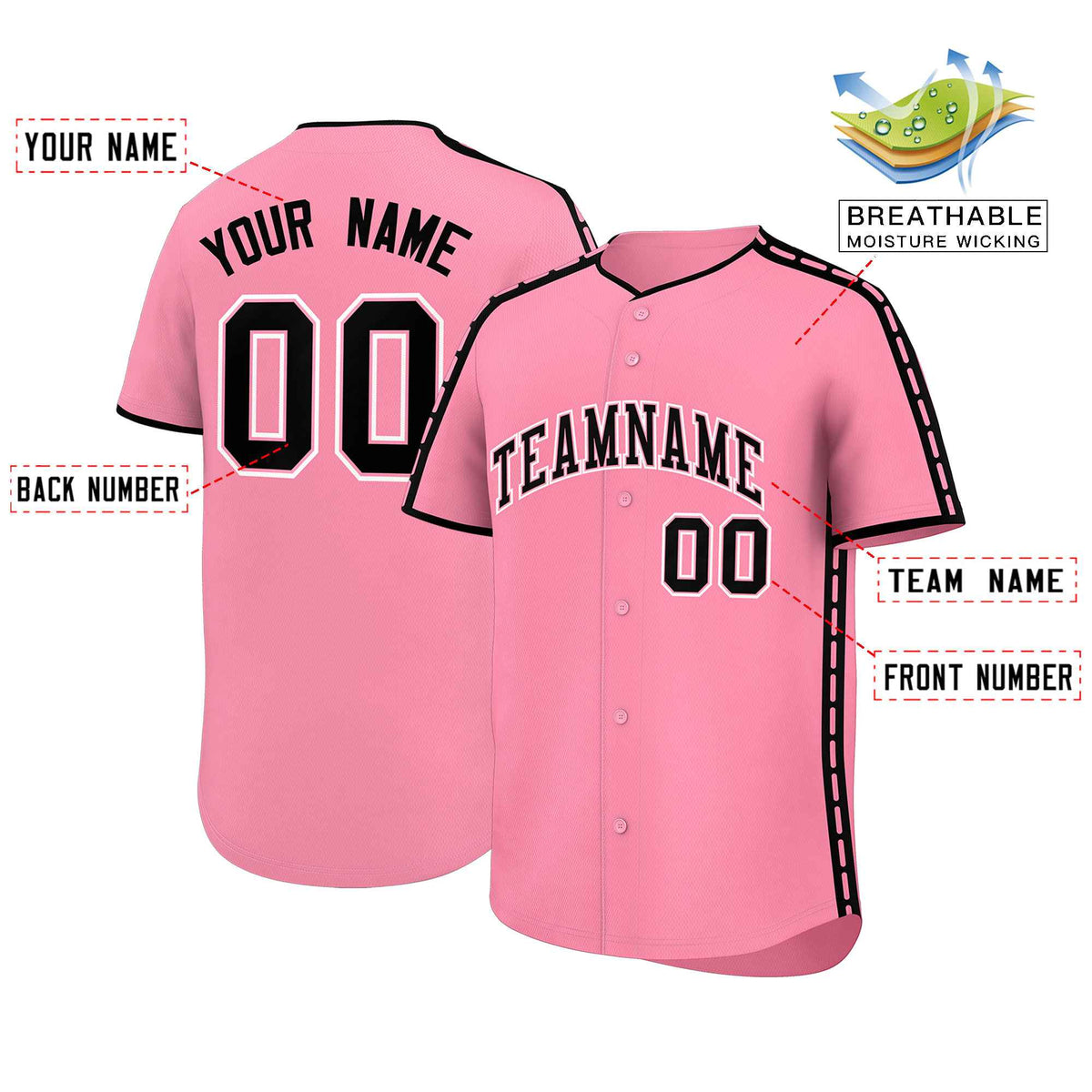 Custom Light Pink Black Color Block Personalized Side Dotted Line Authentic Baseball Jersey| KXKSHOP