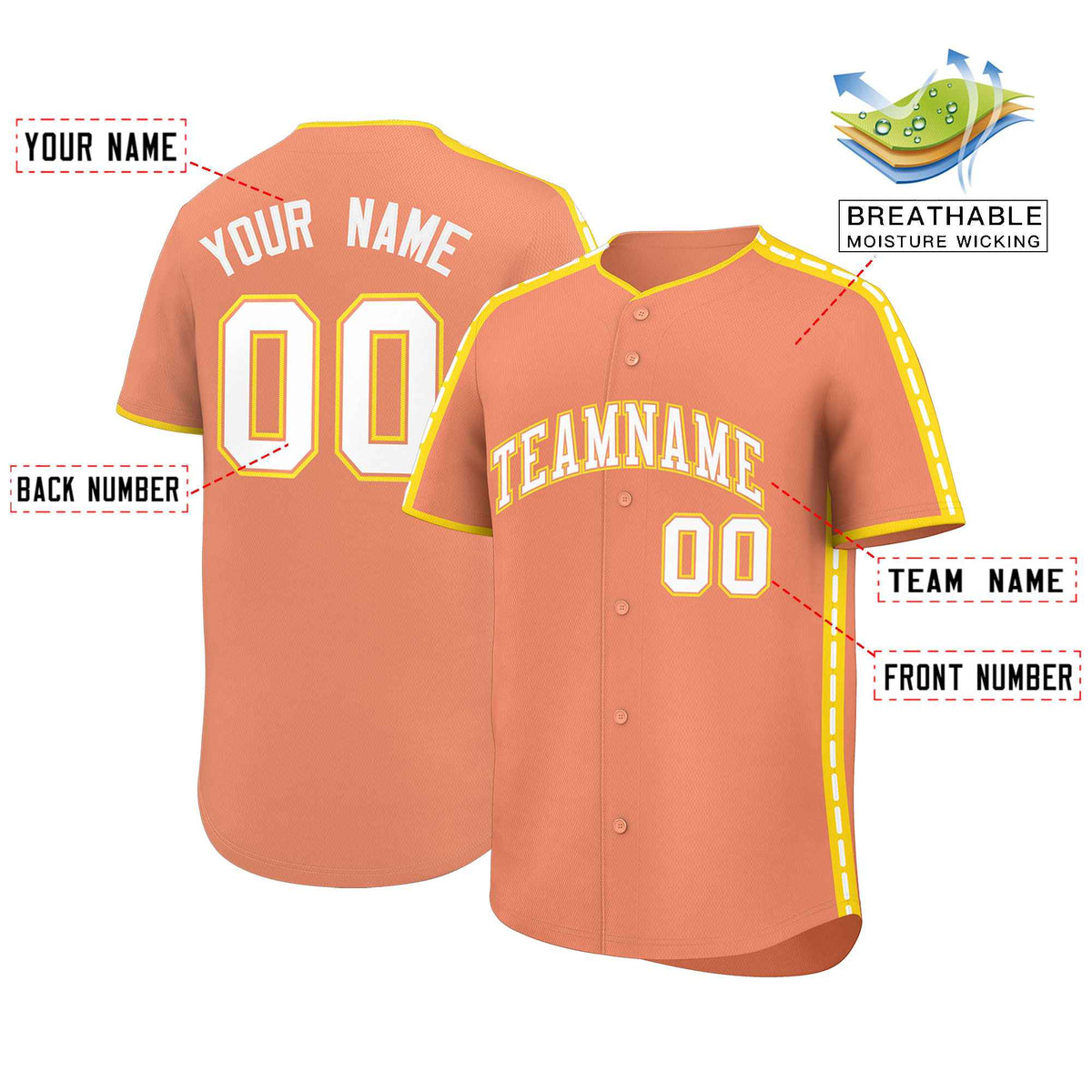 Custom Light Orange Gold Color Block Personalized Side Dotted Line Authentic Baseball Jersey| KXKSHOP
