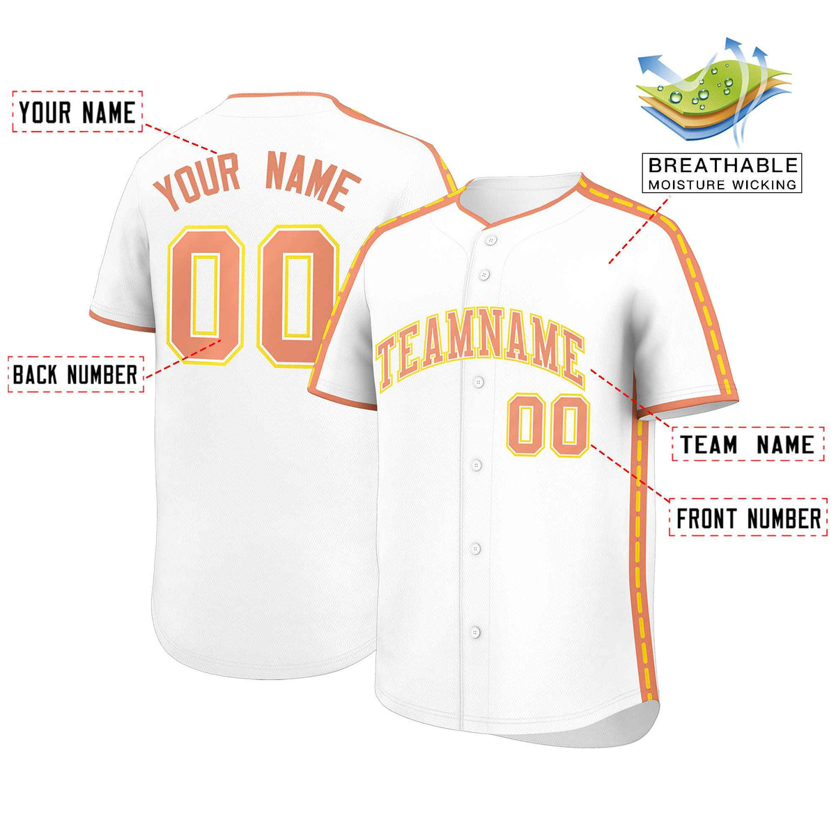 Custom White Light Orange Color Block Personalized Side Dotted Line Authentic Baseball Jersey| KXKSHOP