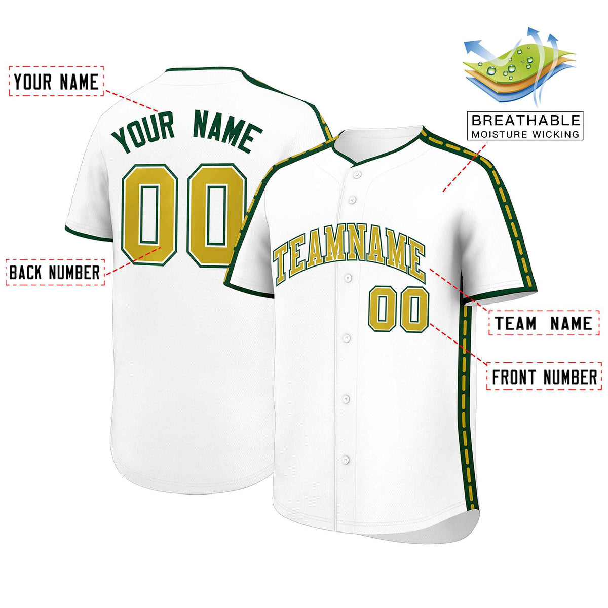 Custom White Green Color Block Personalized Side Dotted Line Authentic Baseball Jersey| KXKSHOP