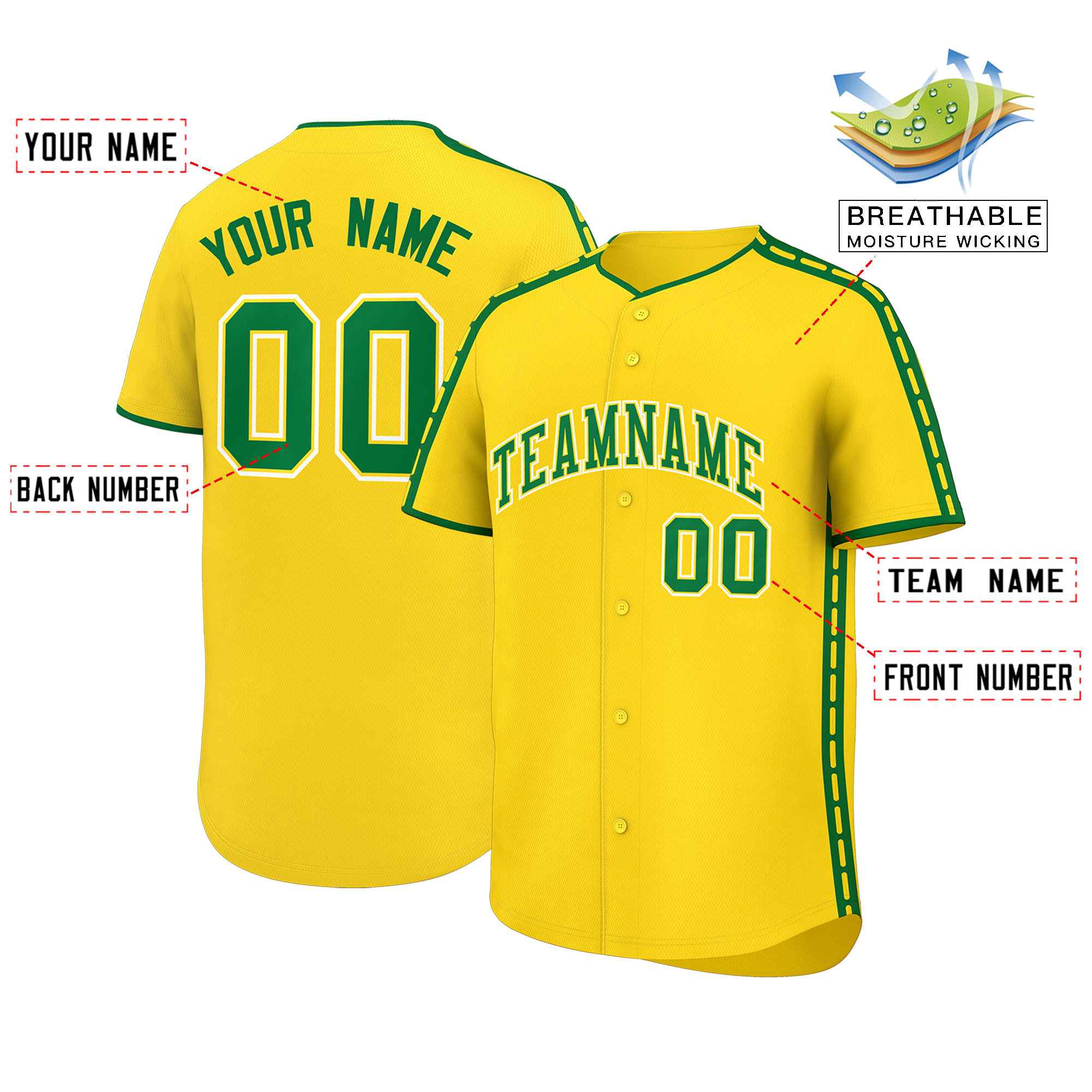 Custom Gold Kelly Green Color Block Personalized Side Dotted Line Authentic Baseball Jersey| KXKSHOP
