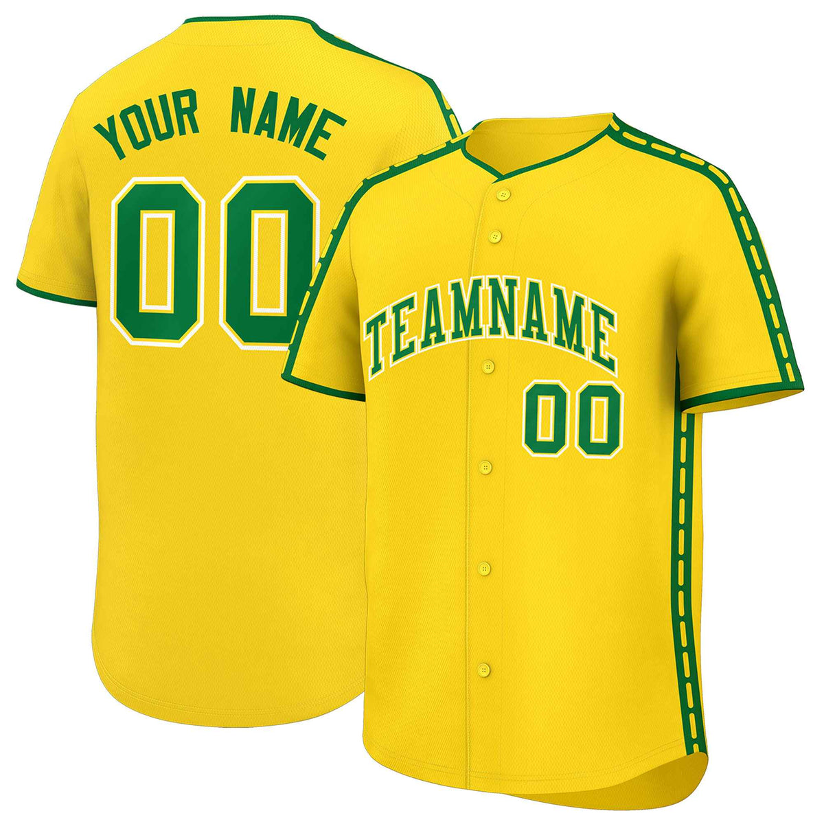 Custom Gold Kelly Green Color Block Personalized Side Dotted Line Authentic Baseball Jersey| KXKSHOP