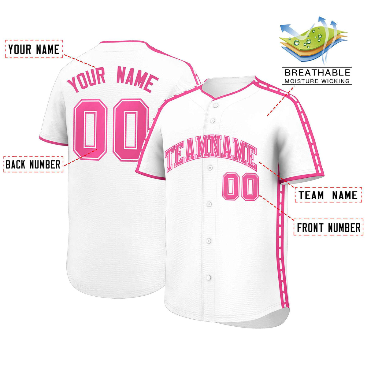 Custom White Pink Color Block Personalized Side Dotted Line Authentic Baseball Jersey| KXKSHOP