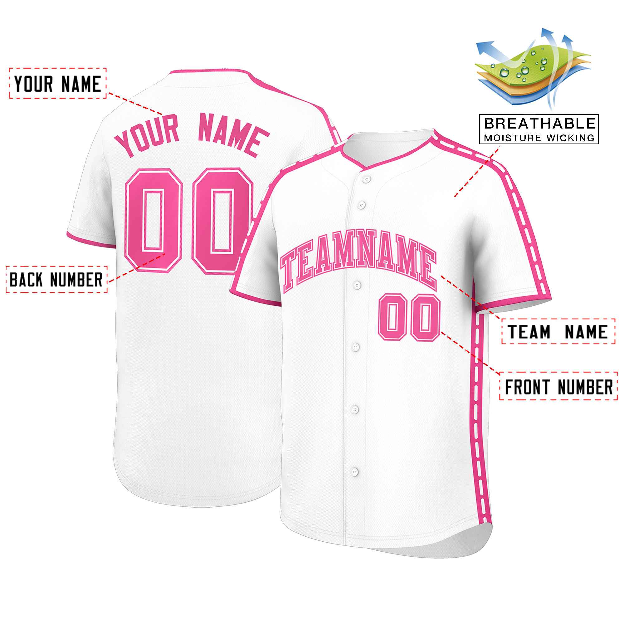 Custom White Pink Color Block Personalized Side Dotted Line Authentic Baseball Jersey| KXKSHOP