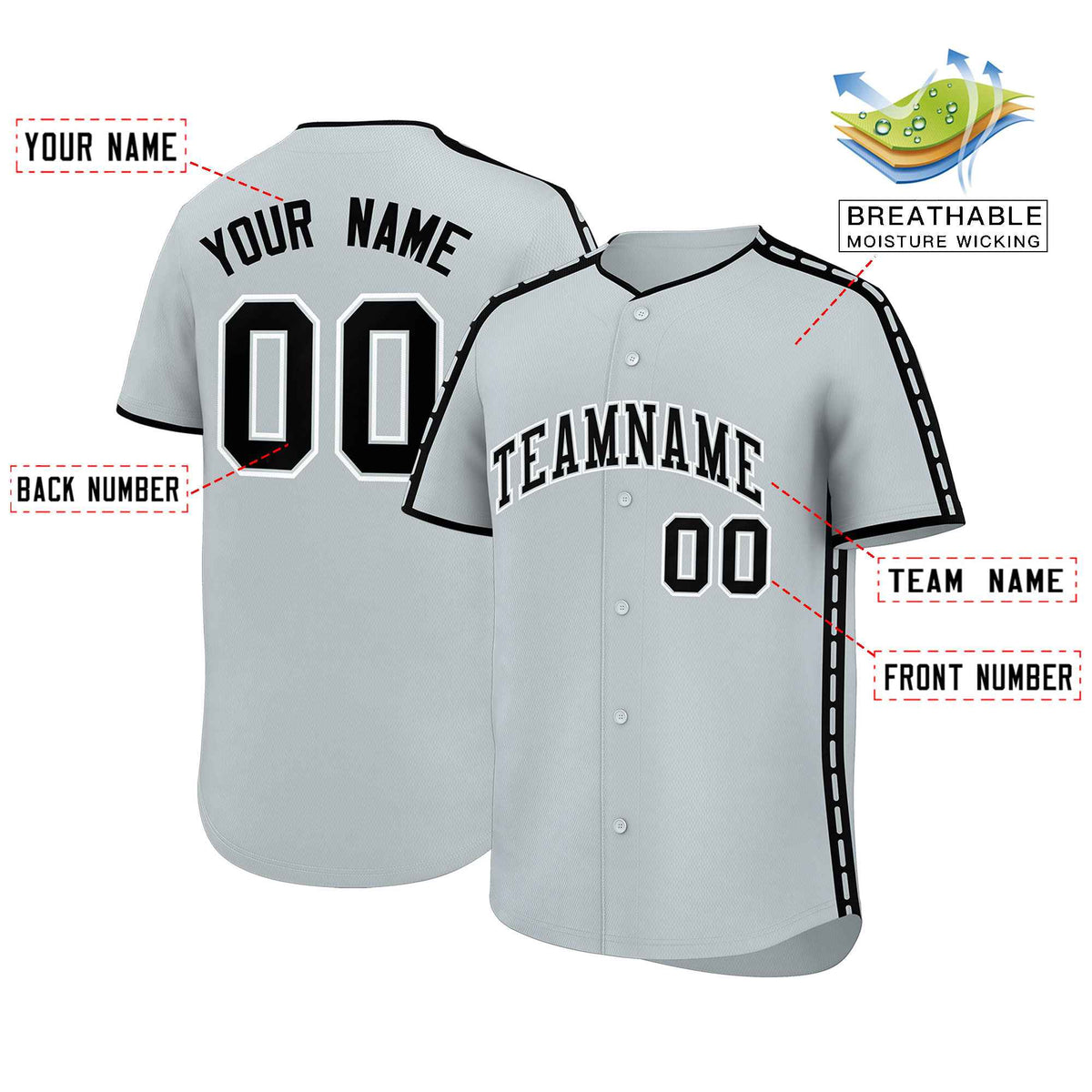 Custom Silver Black Color Block Personalized Side Dotted Line Authentic Baseball Jersey| KXKSHOP