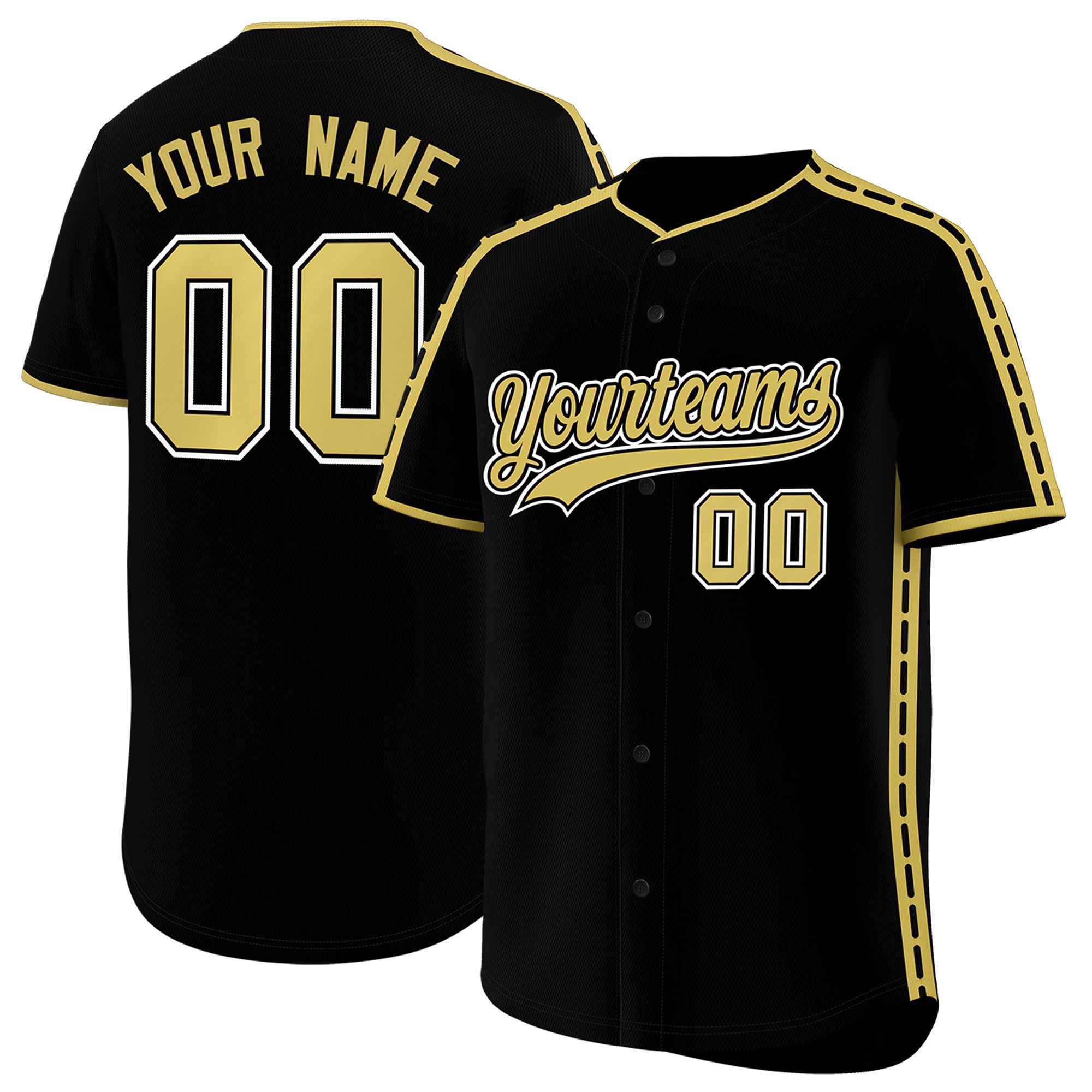 Custom Black Old Gold Color Block Personalized Side Dotted Line Authentic Baseball Jersey| KXKSHOP