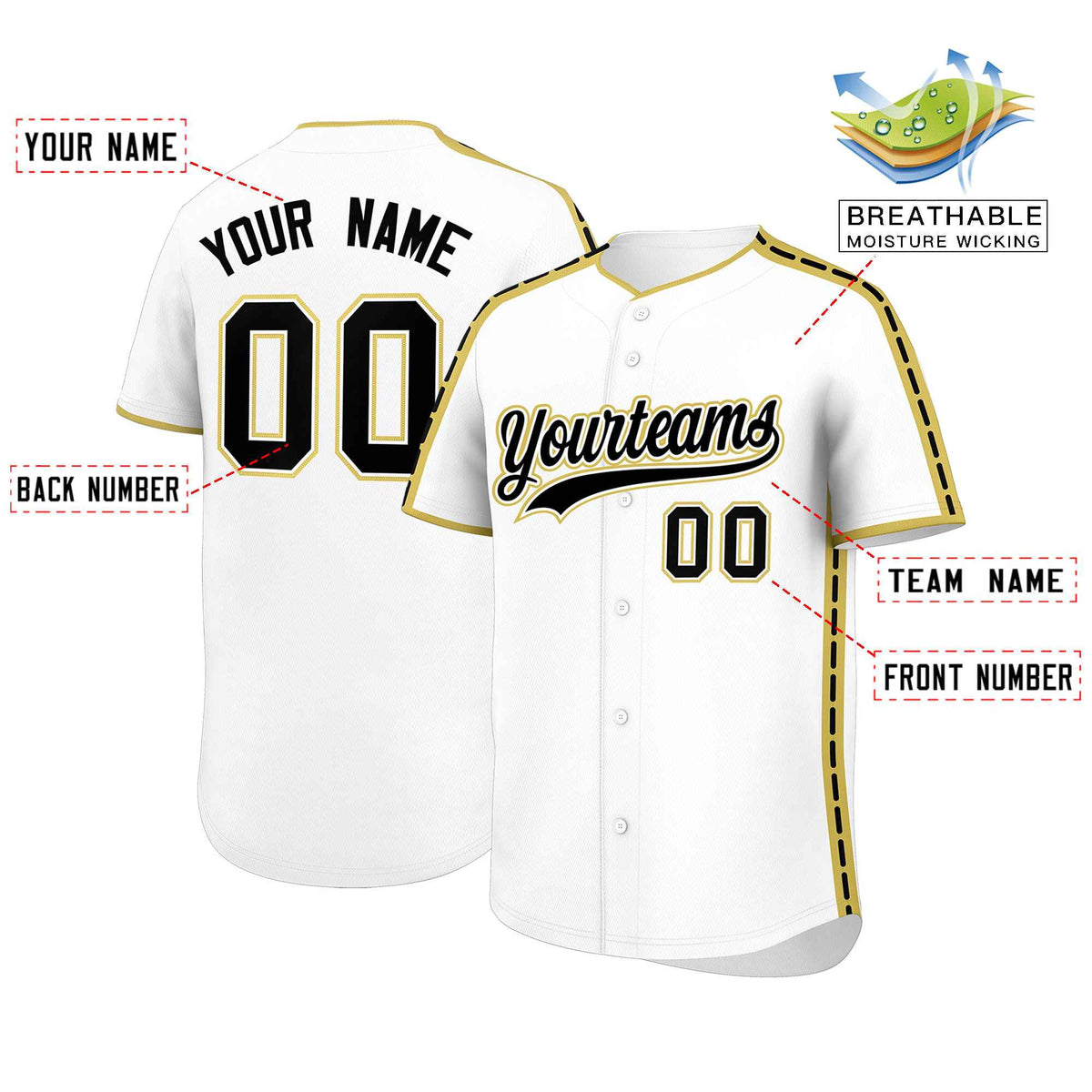 Custom White Old Gold Color Block Personalized Side Dotted Line Authentic Baseball Jersey| KXKSHOP