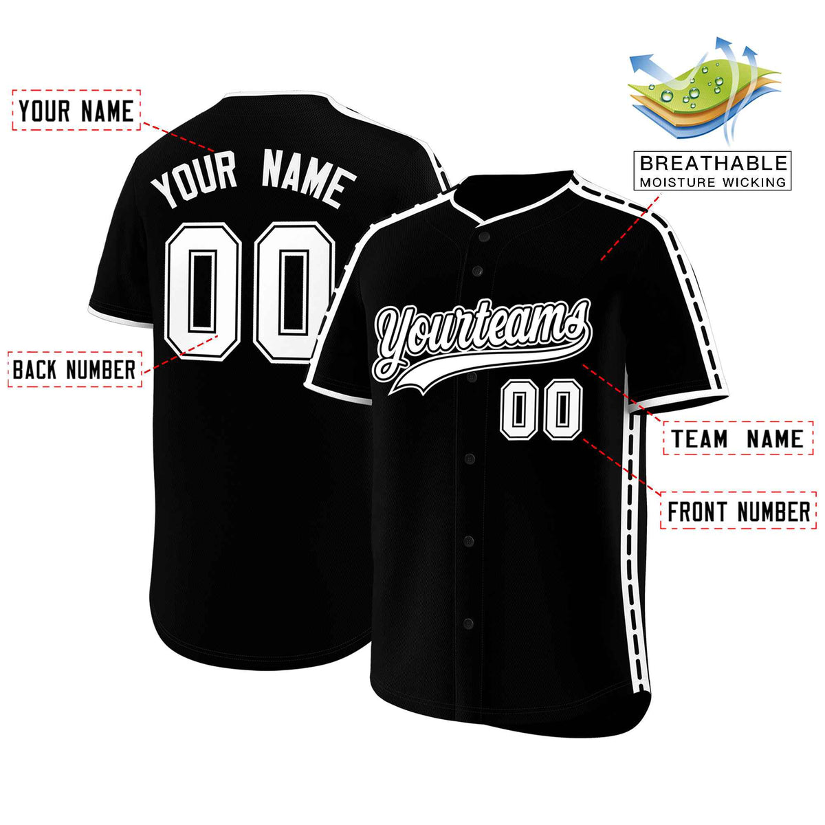 Custom Black White Color Block Personalized Side Dotted Line Authentic Baseball Jersey| KXKSHOP