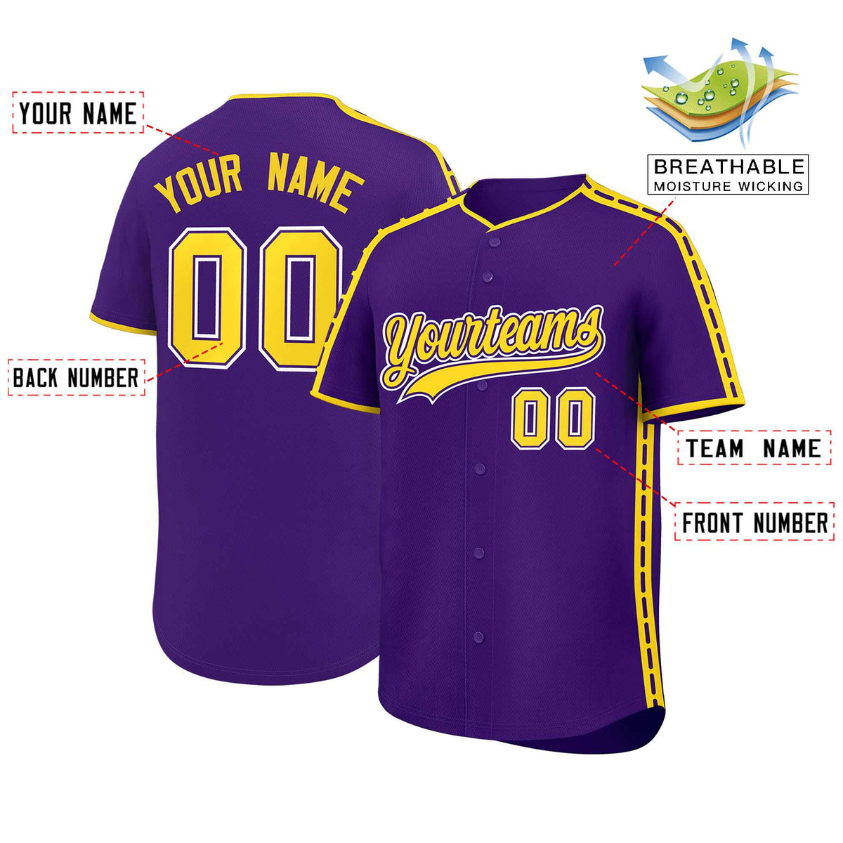 Custom Purple Gold Color Block Personalized Side Dotted Line Authentic Baseball Jersey| KXKSHOP