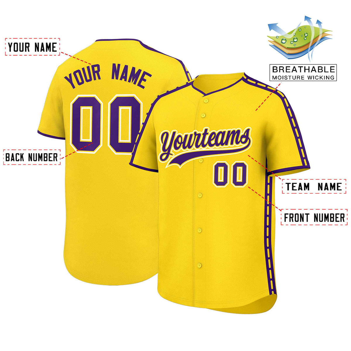 Custom Gold Purple Color Block Personalized Side Dotted Line Authentic Baseball Jersey| KXKSHOP