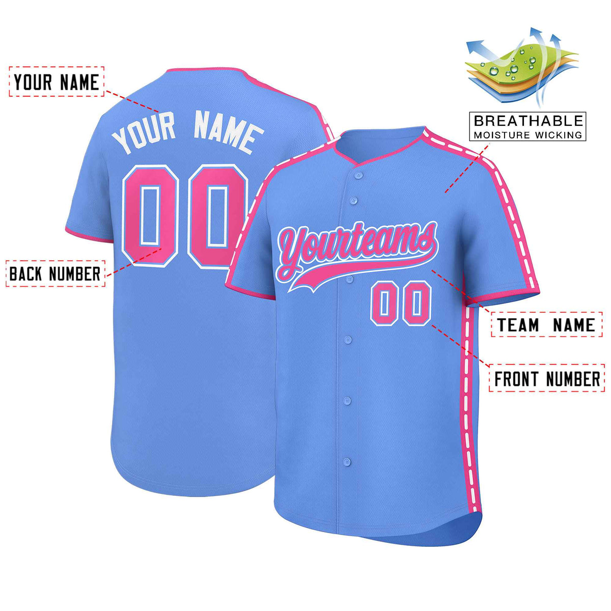 Custom Light Blue Pink Color Block Personalized Side Dotted Line Authentic Baseball Jersey| KXKSHOP