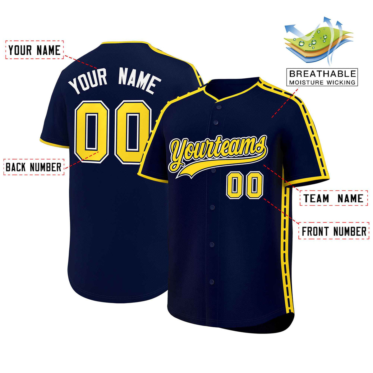 Custom Navy Gold Color Block Personalized Side Dotted Line Authentic Baseball Jersey| KXKSHOP