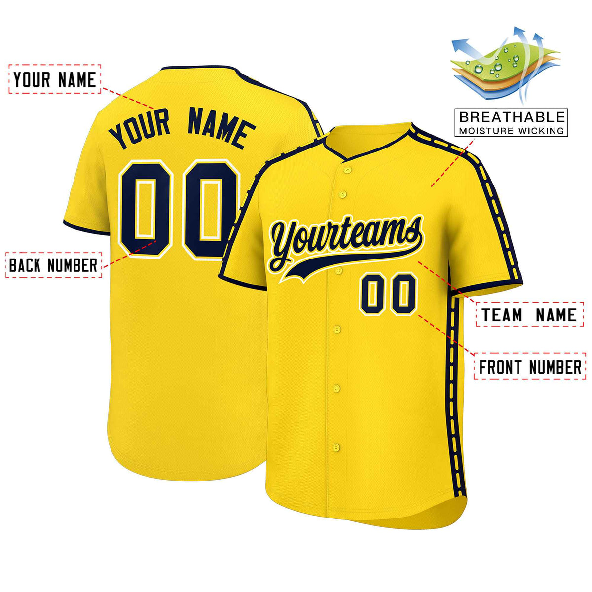 Custom Gold Navy Color Block Personalized Side Dotted Line Authentic Baseball Jersey| KXKSHOP
