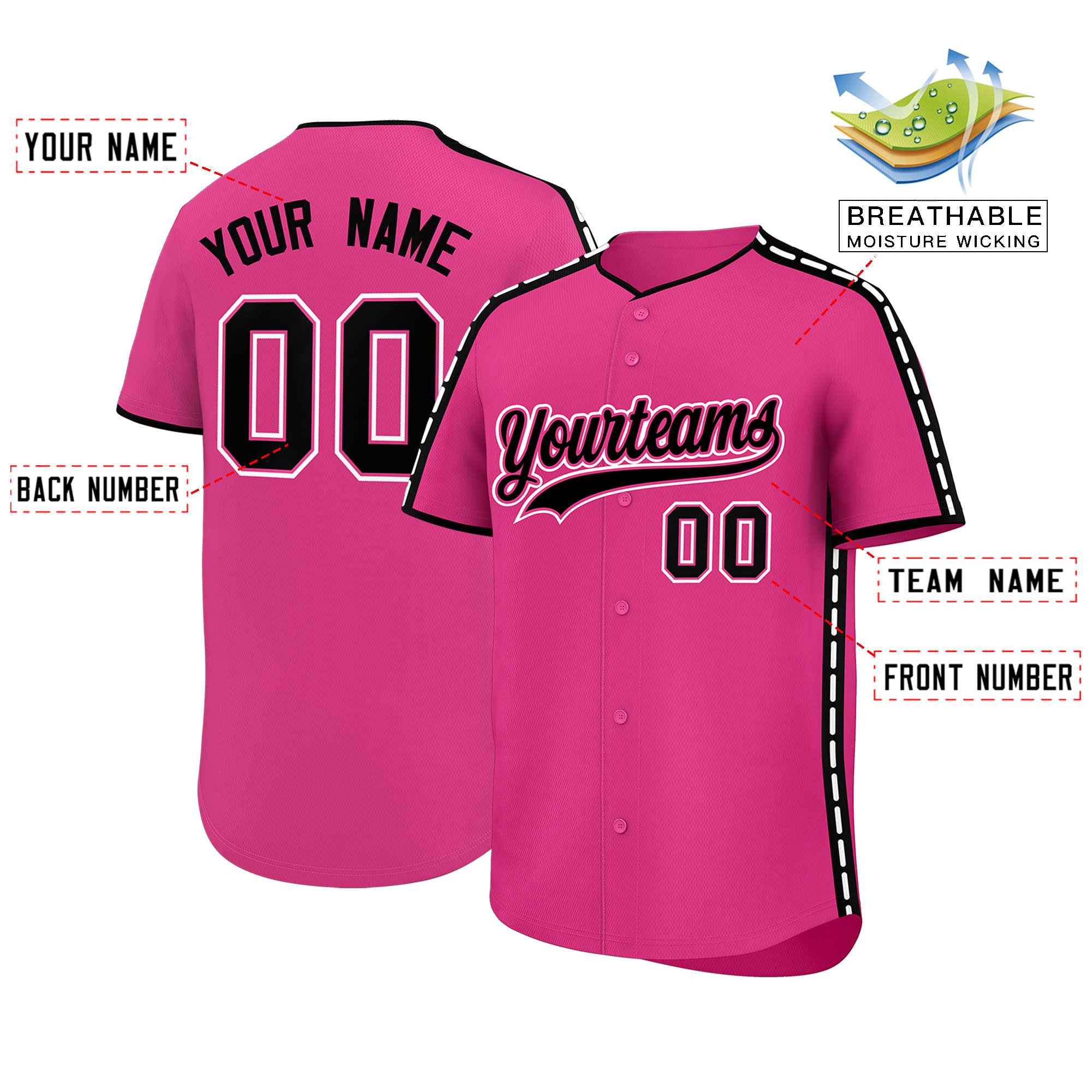 Custom Pink Black Color Block Personalized Side Dotted Line Authentic Baseball Jersey| KXKSHOP