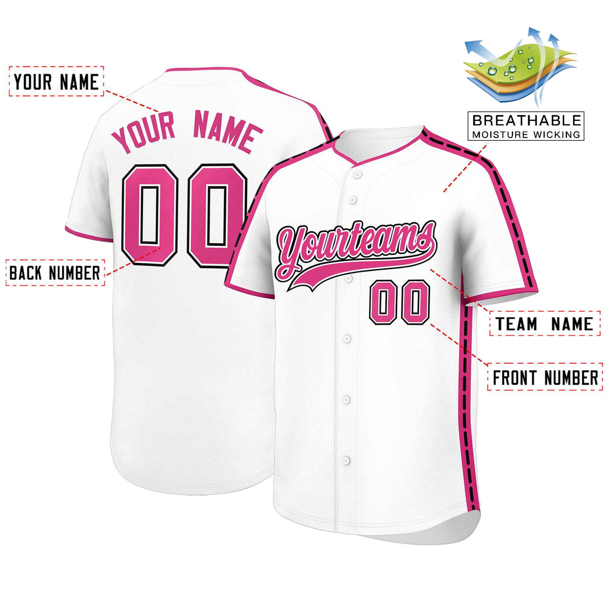 Custom White Pink Color Block Personalized Side Dotted Line Authentic Baseball Jersey| KXKSHOP