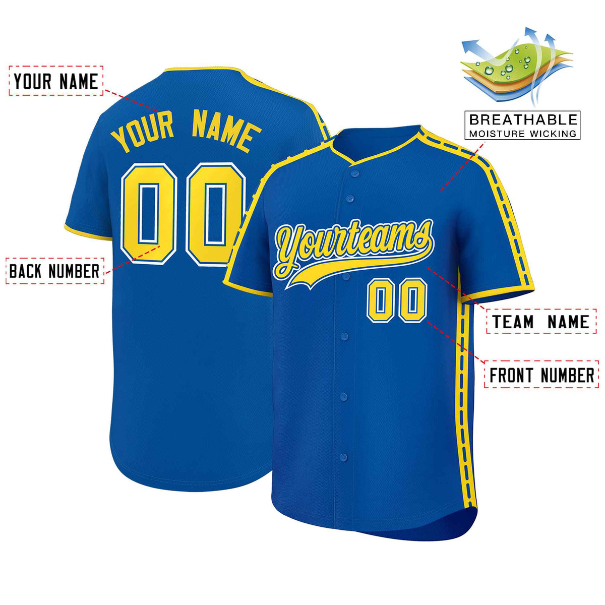 Custom Royal Gold Color Block Personalized Side Dotted Line Authentic Baseball Jersey| KXKSHOP