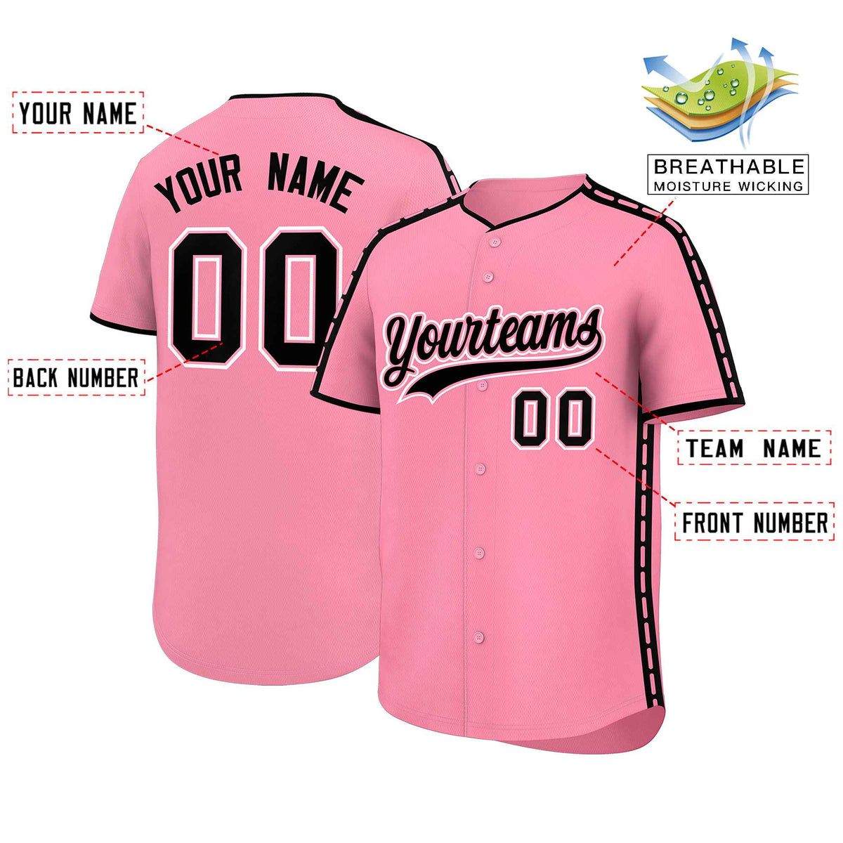 Custom Light Pink Black Color Block Personalized Side Dotted Line Authentic Baseball Jersey| KXKSHOP