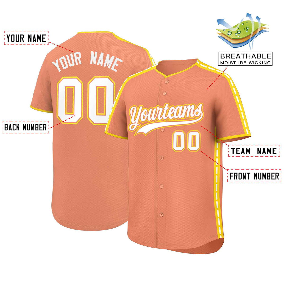 Custom Light Orange Gold Color Block Personalized Side Dotted Line Authentic Baseball Jersey| KXKSHOP