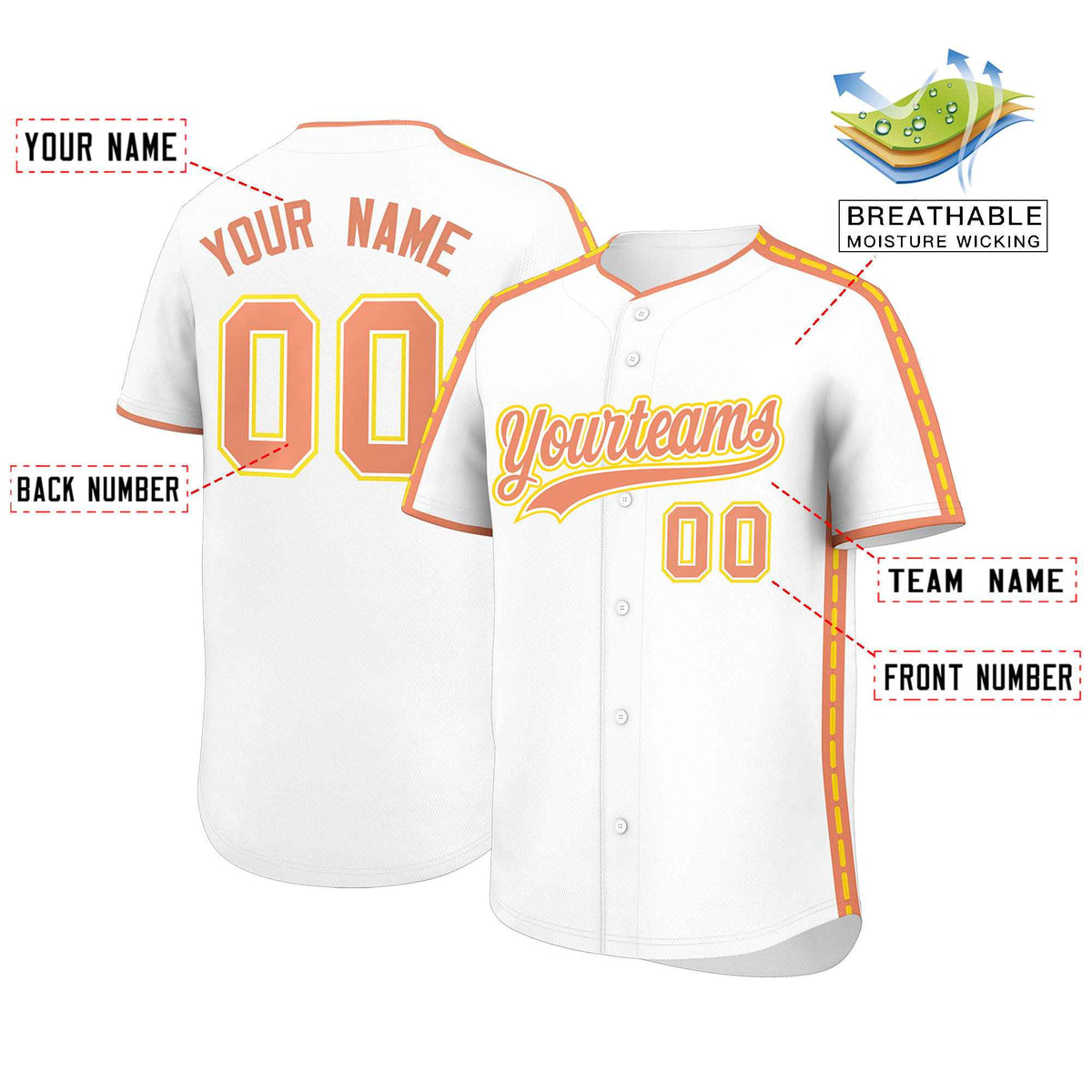 Custom White Light Orange Color Block Personalized Side Dotted Line Authentic Baseball Jersey| KXKSHOP