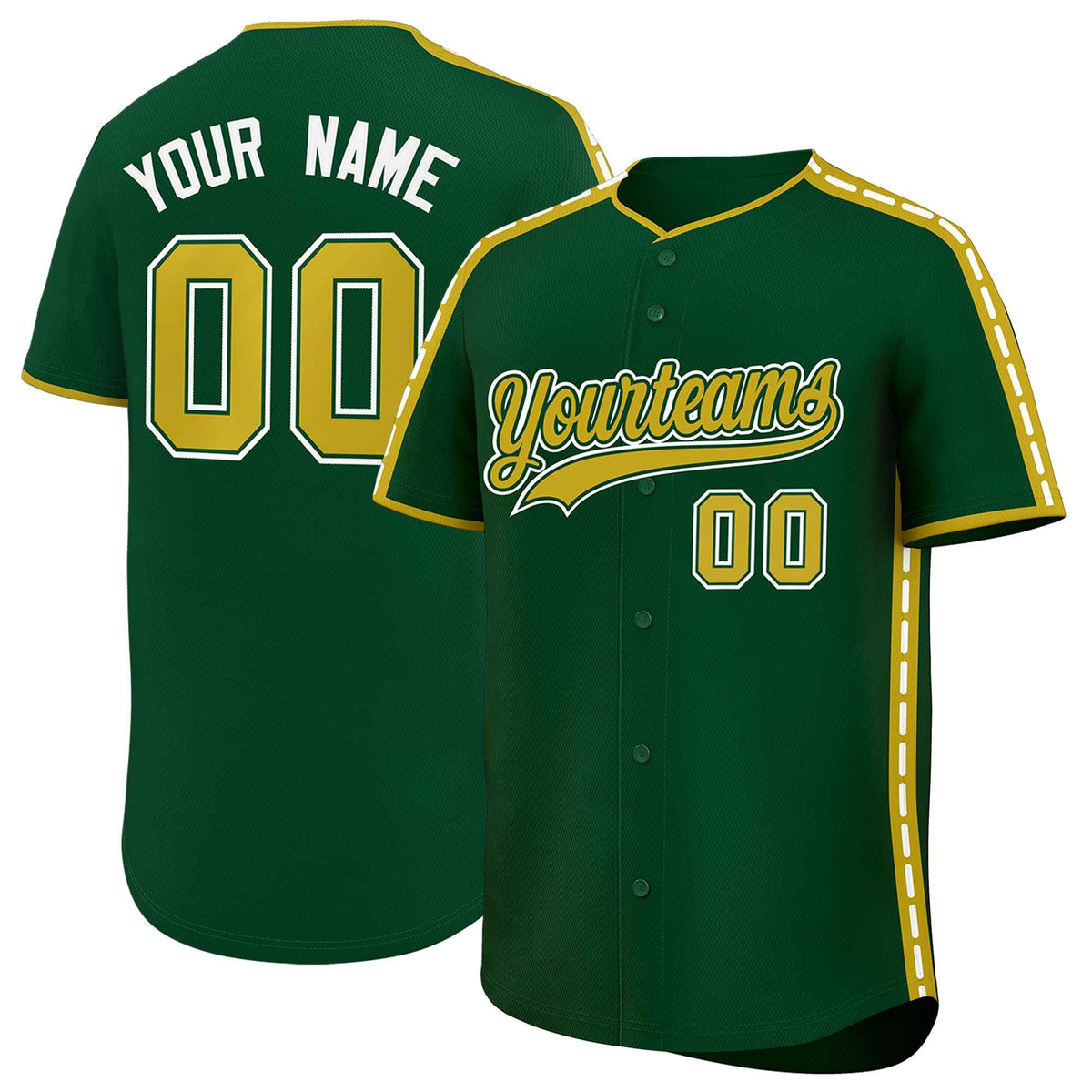 Custom Green Old Gold Color Block Personalized Side Dotted Line Authentic Baseball Jersey| KXKSHOP