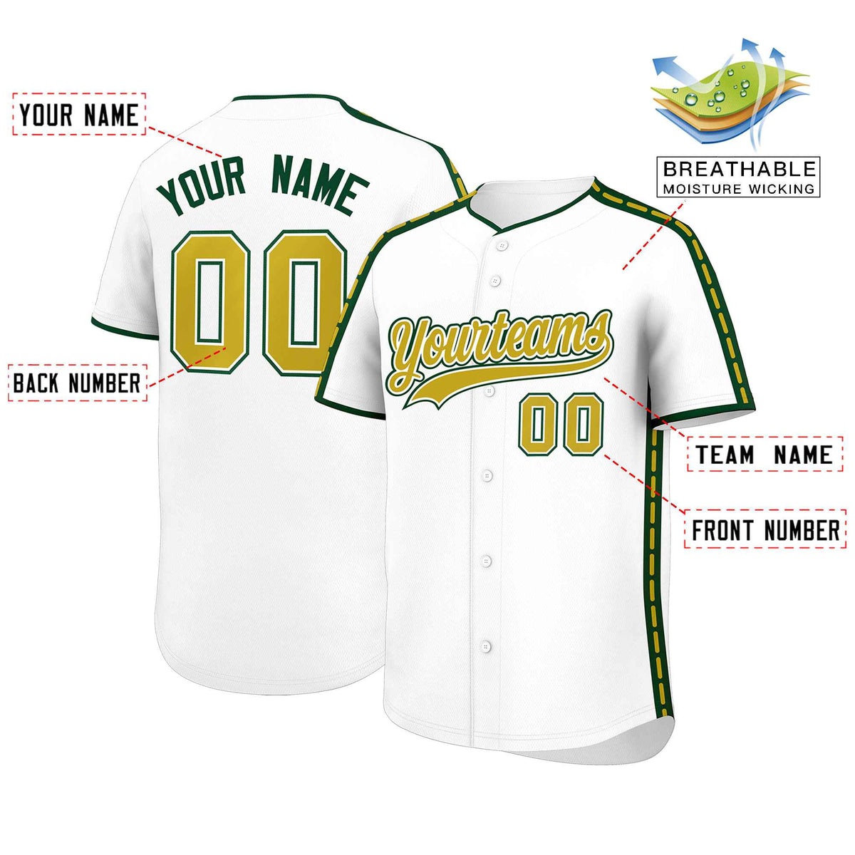 Custom White Green Color Block Personalized Side Dotted Line Authentic Baseball Jersey| KXKSHOP