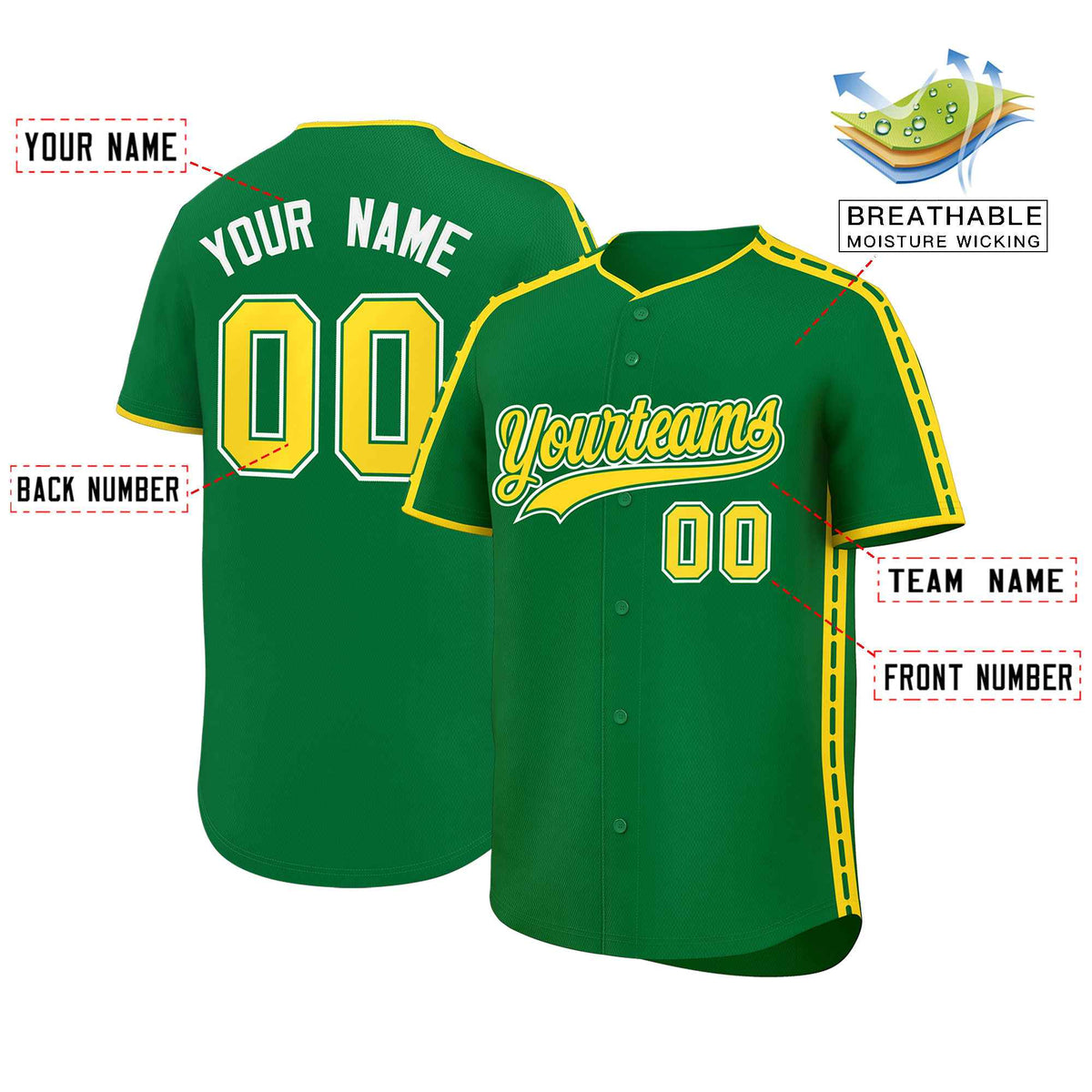 Custom Kelly Green Gold Color Block Personalized Side Dotted Line Authentic Baseball Jersey| KXKSHOP