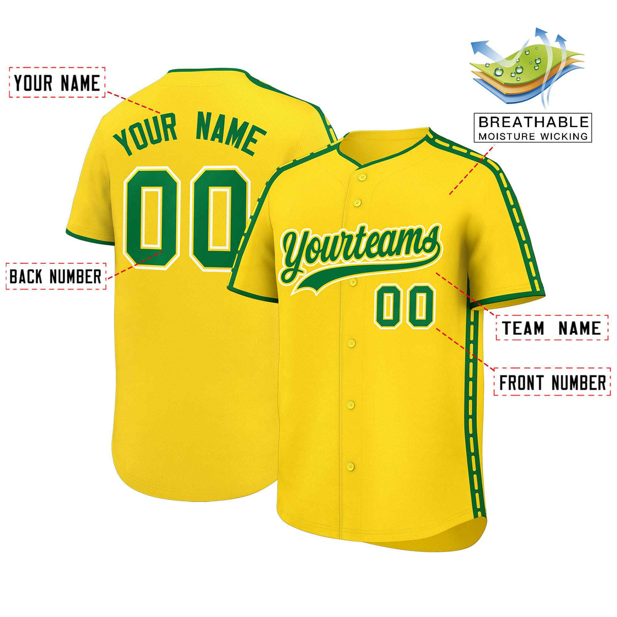 Custom Gold Kelly Green Color Block Personalized Side Dotted Line Authentic Baseball Jersey| KXKSHOP